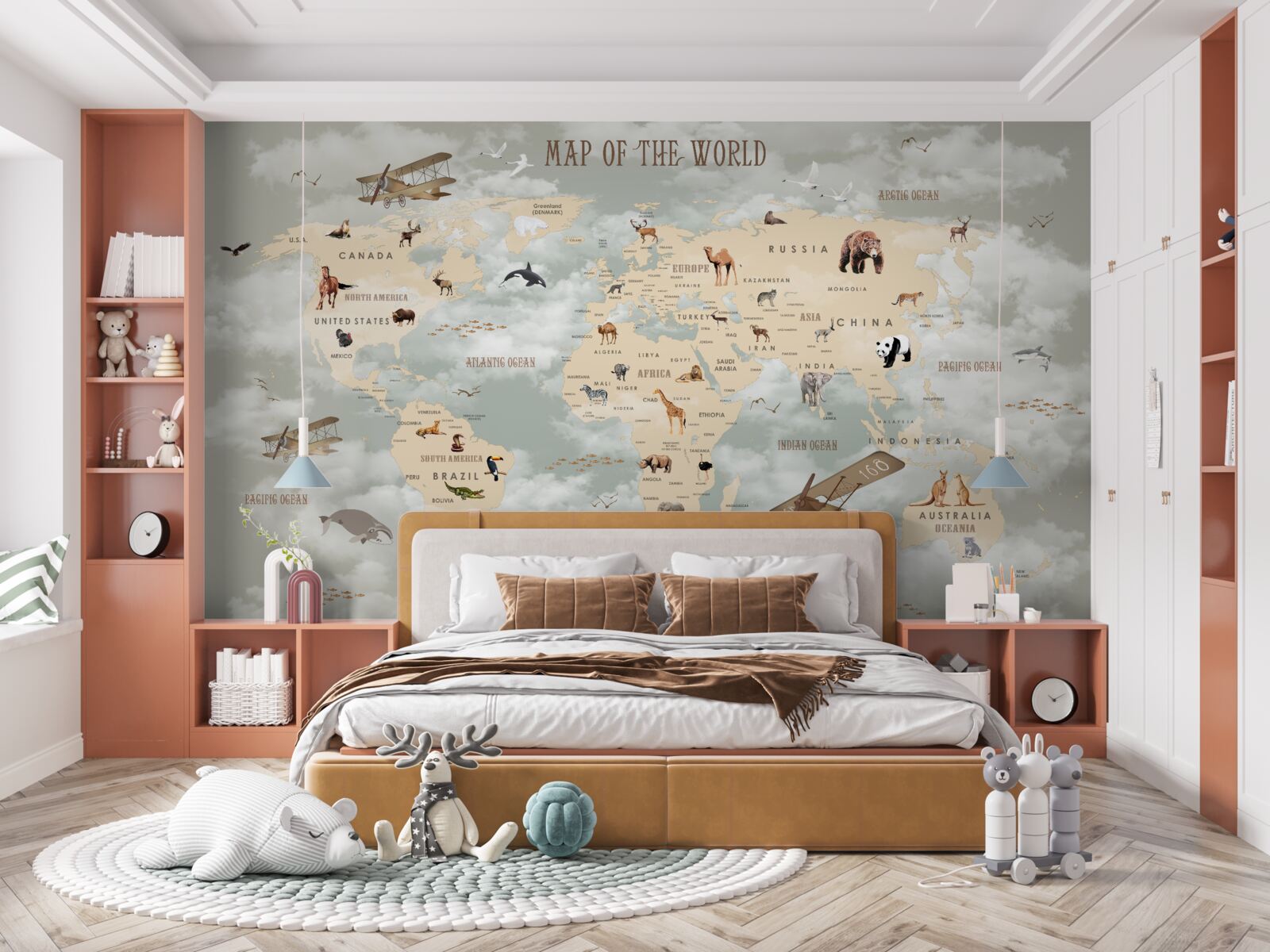 Фотошпалери карта світу з тваринами та транспортом