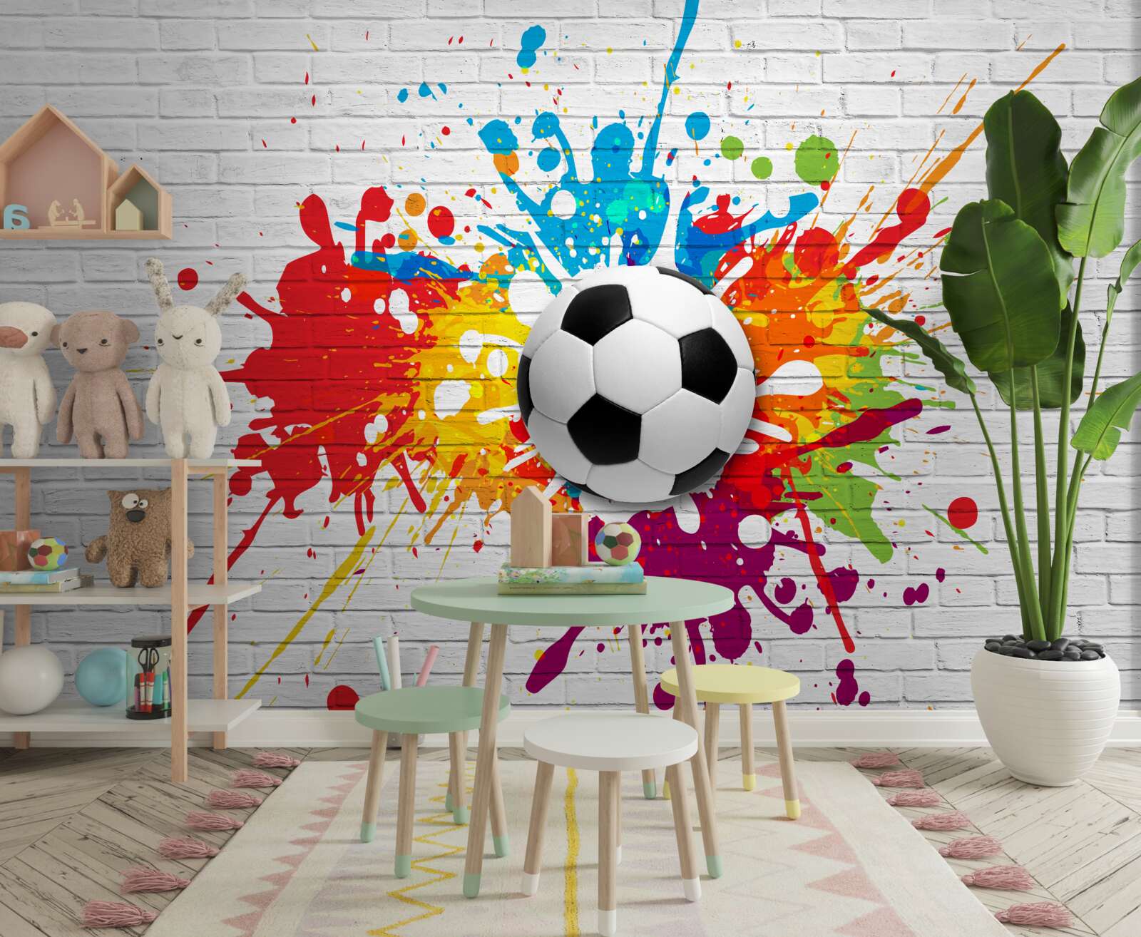 Фотошпалери на цегляній стіні висить футбольний м'яч