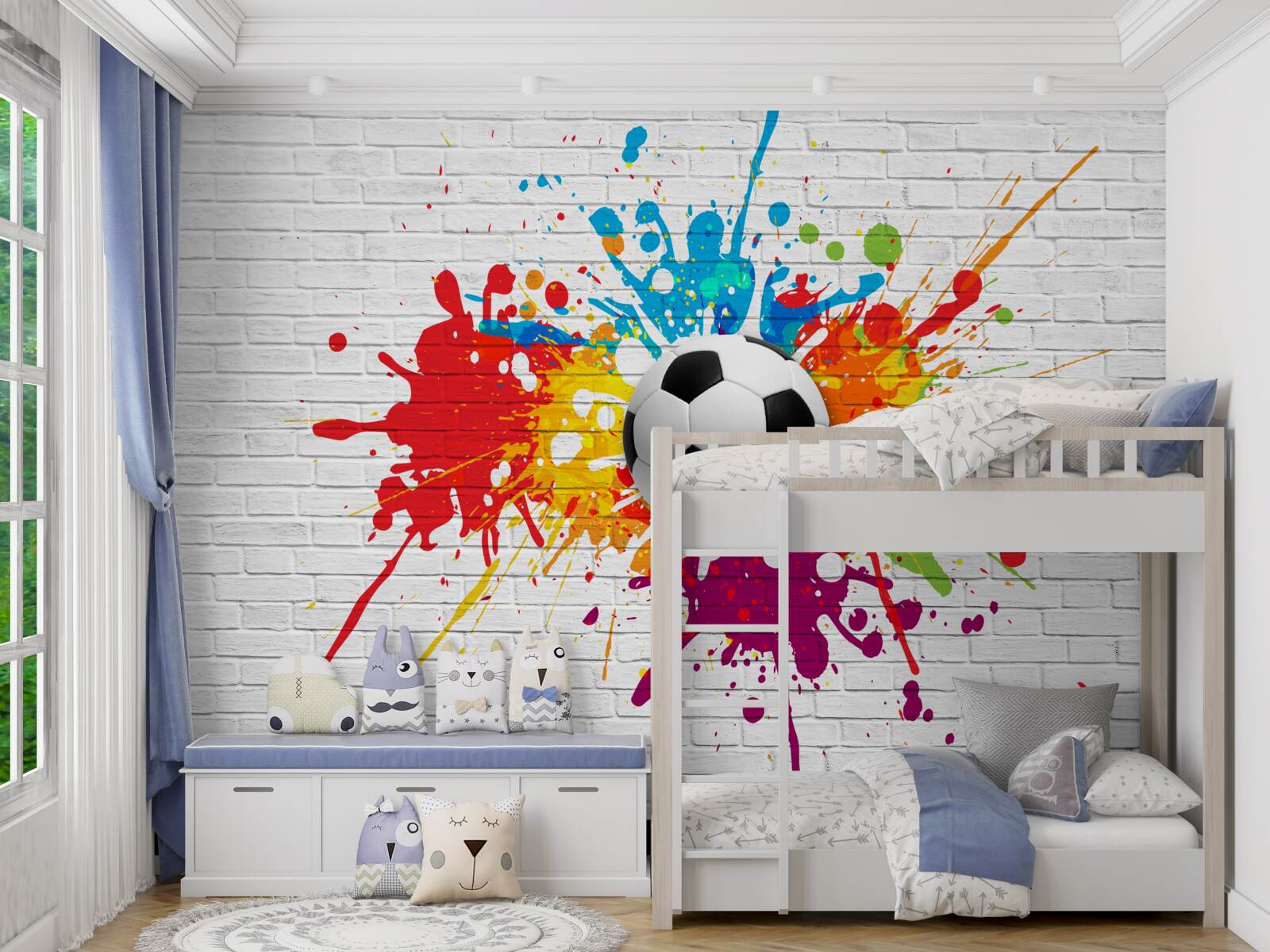 Фотошпалери на цегляній стіні висить футбольний м'яч