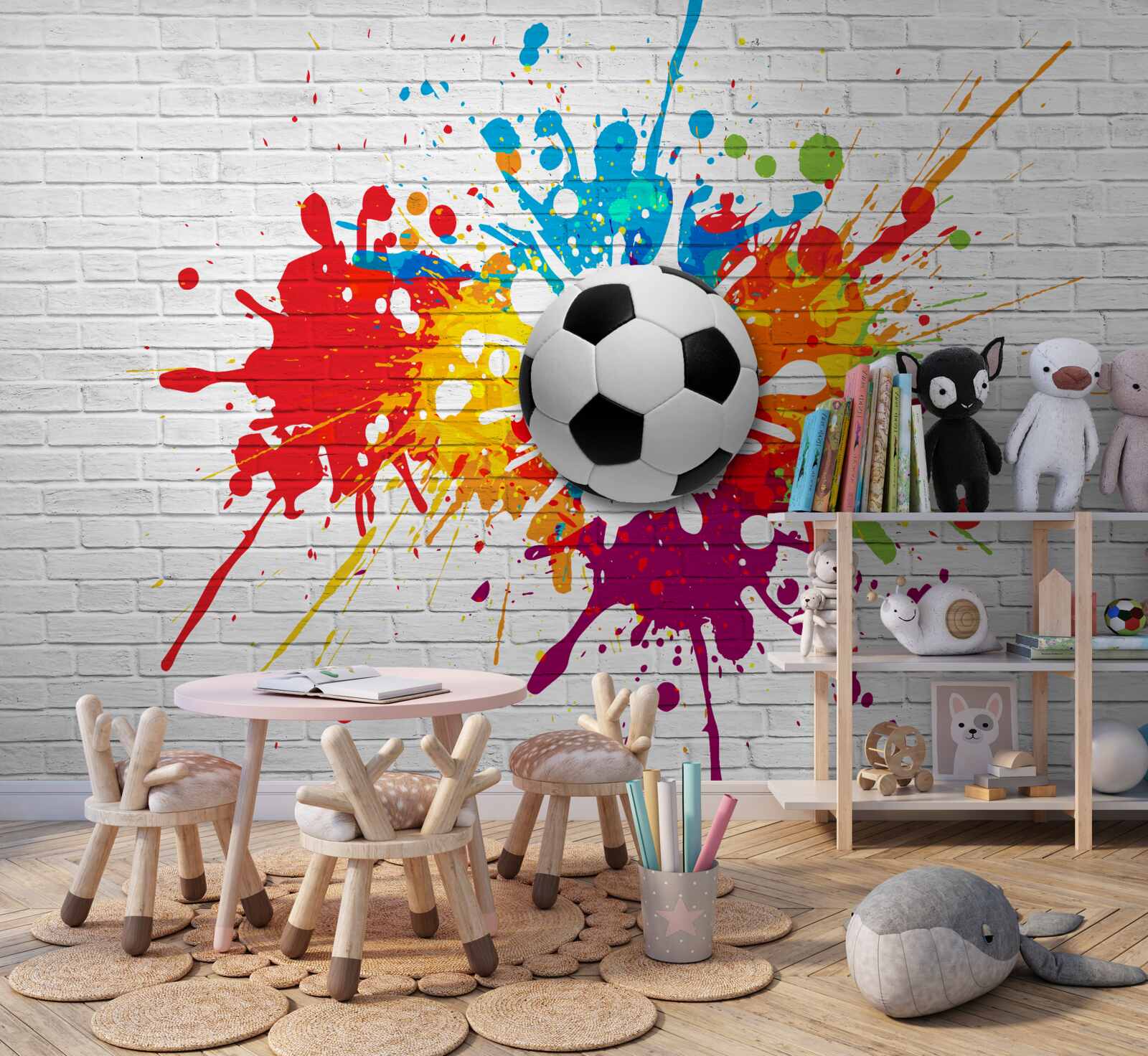 Фотошпалери на цегляній стіні висить футбольний м'яч