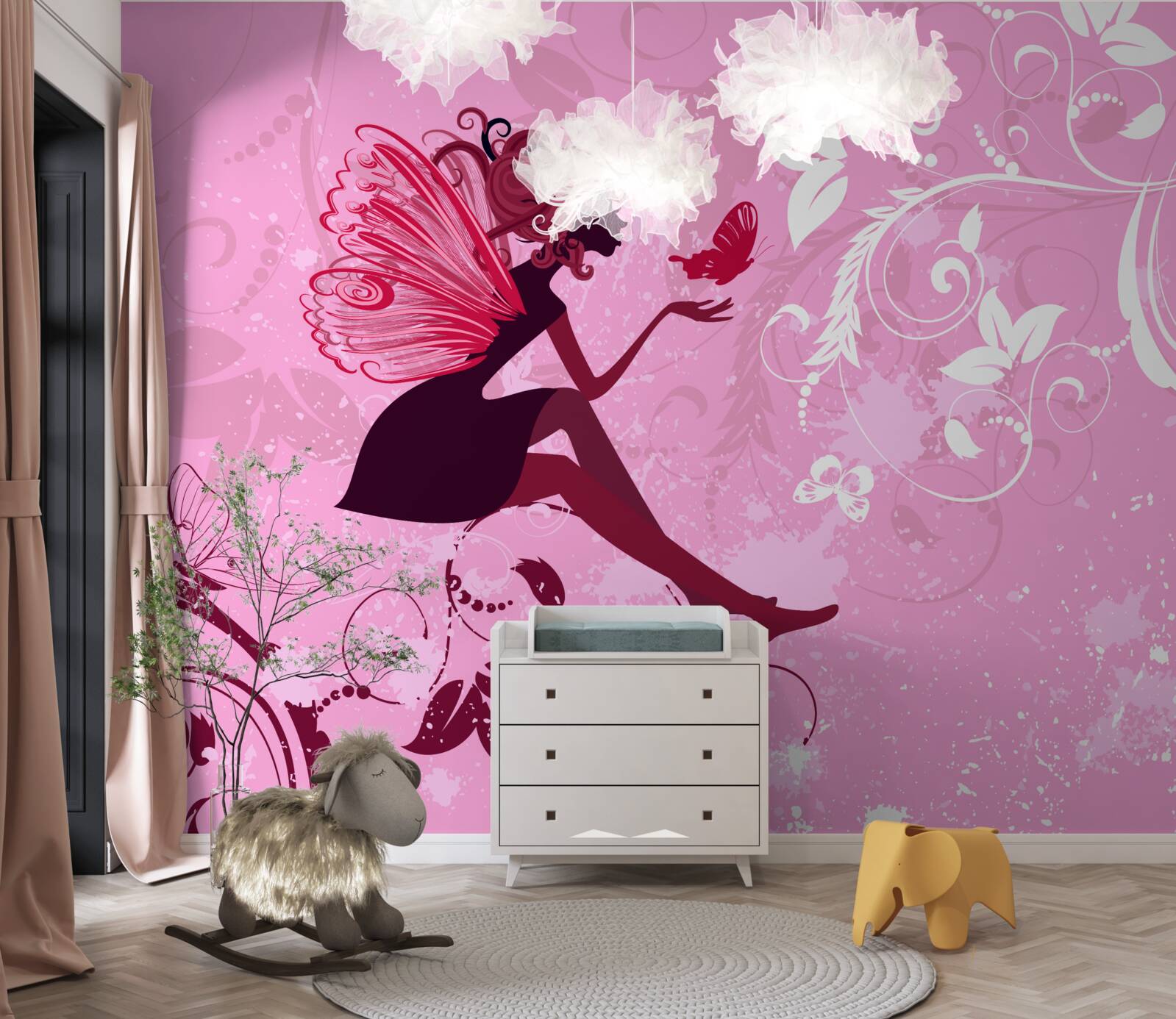 Фотошпалери дівчинка сіла на гілку рослини