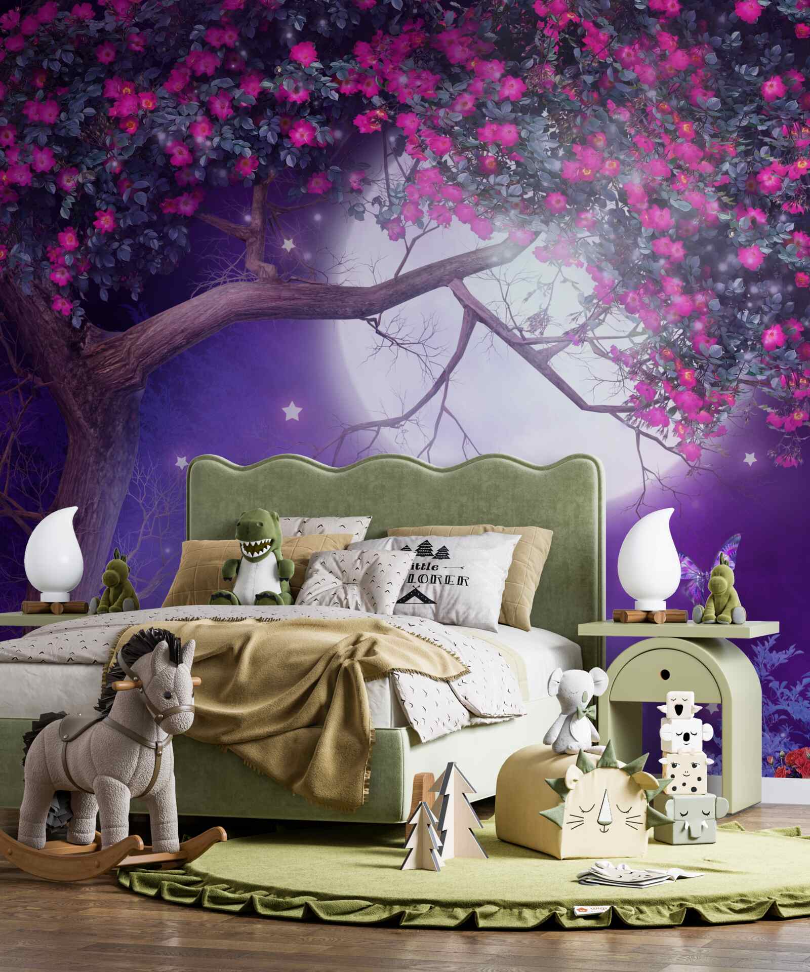 Фотошпалери місяць у повному сяйві, а дерево в цвіту