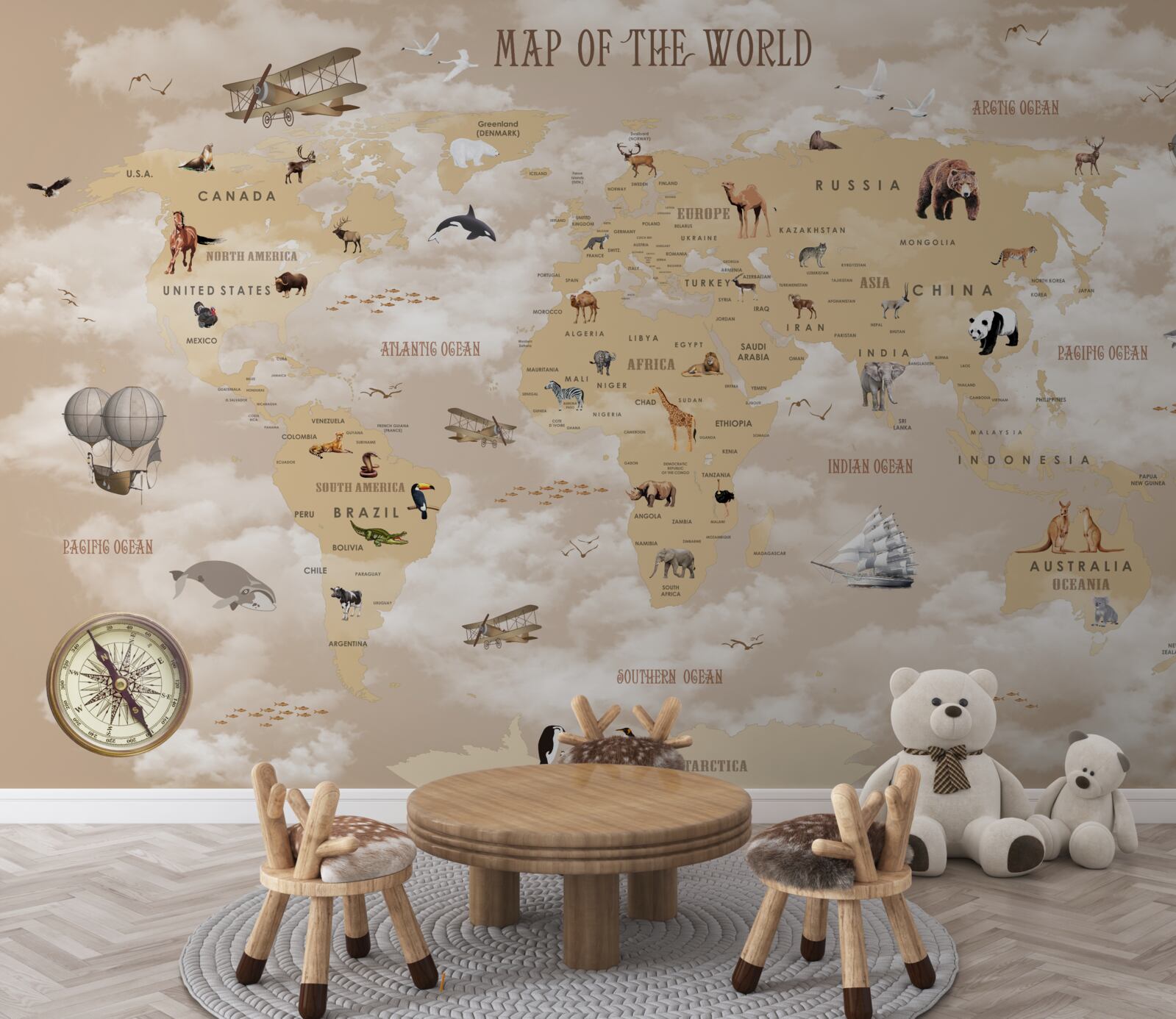 Фотошпалери карта світу у відтінках коричневого