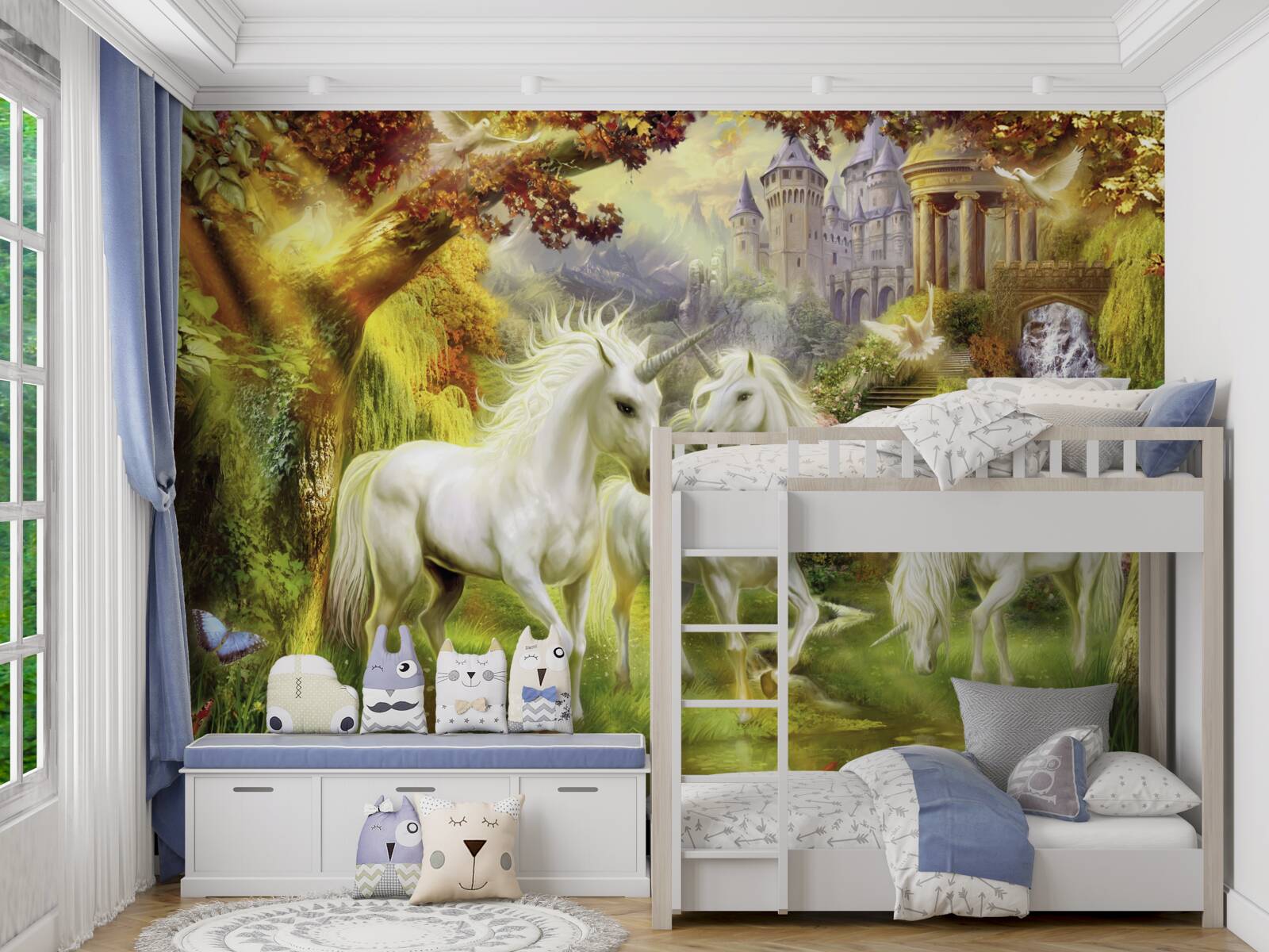 Фотошпалери Єдинороги чисто білі в лісі біля замку