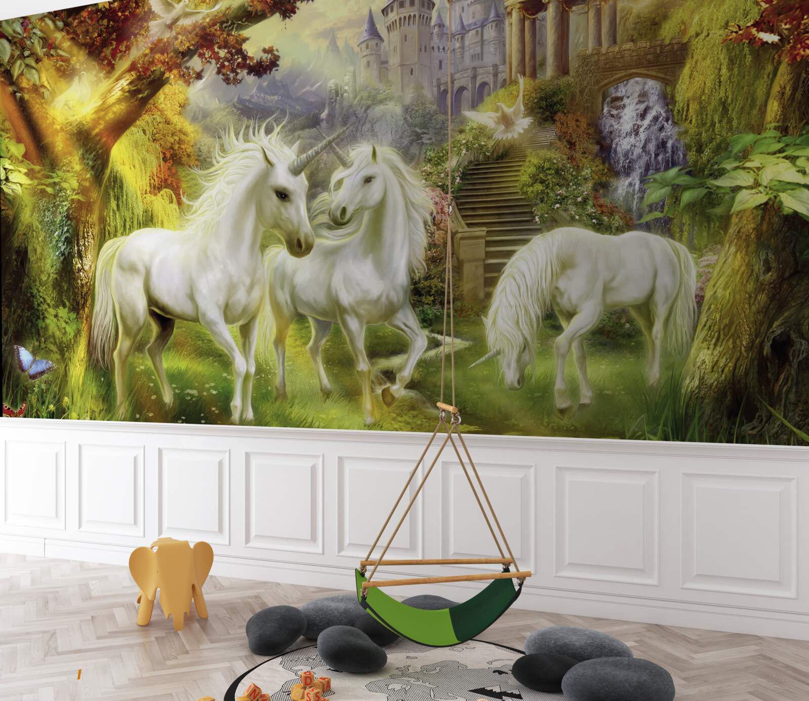 Фотошпалери Єдинороги чисто білі в лісі біля замку