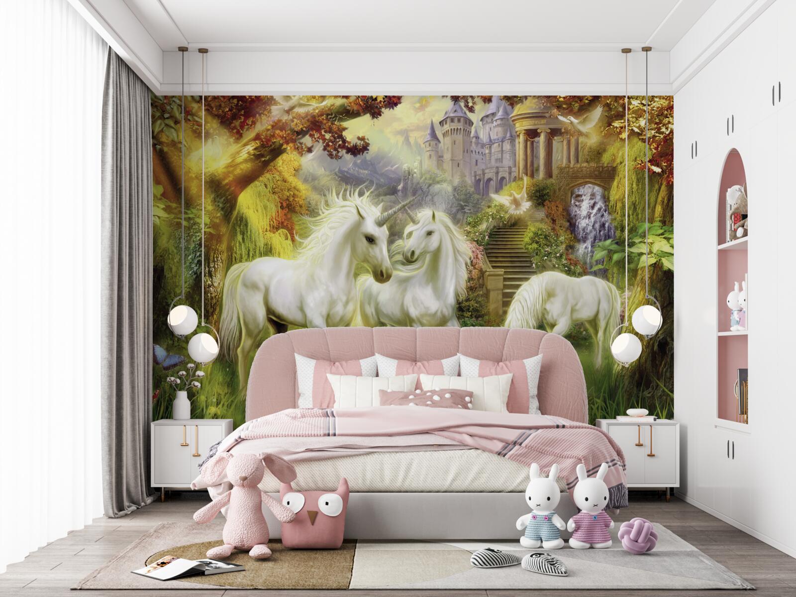 Фотошпалери Єдинороги чисто білі в лісі біля замку