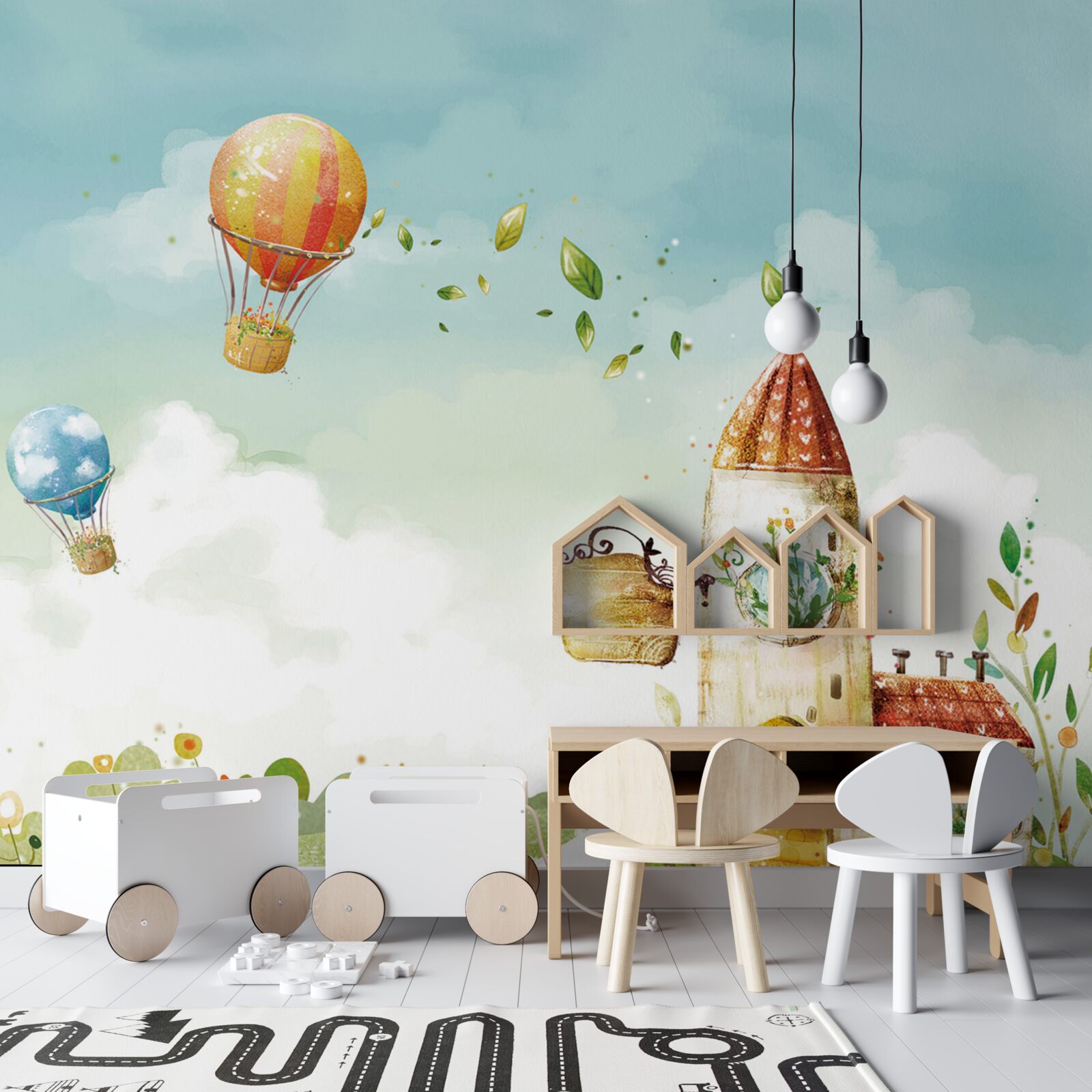 Фотошпалери над заміським будинком пролітає багато повітряних куль