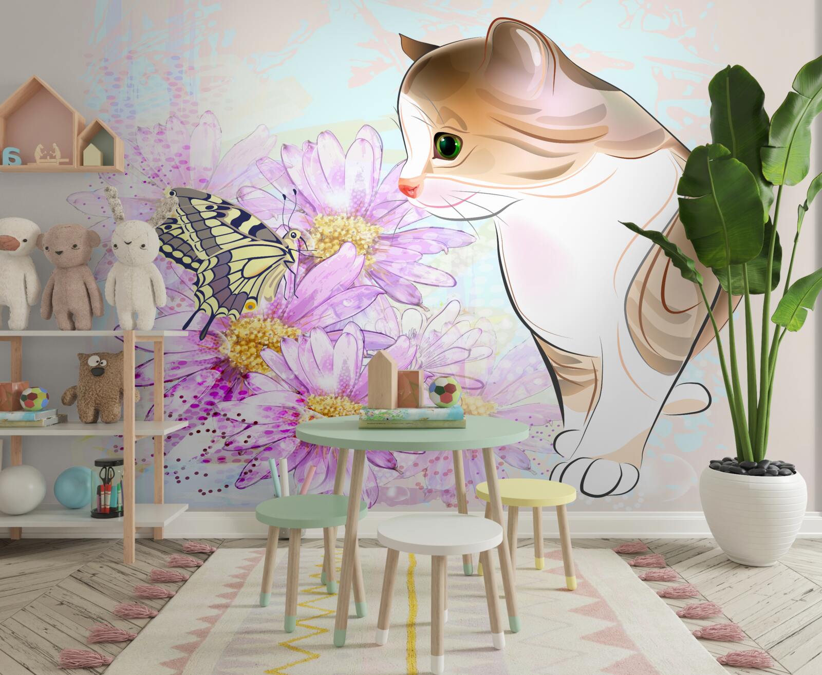 Фотошпалери метелик привернув увагу кота