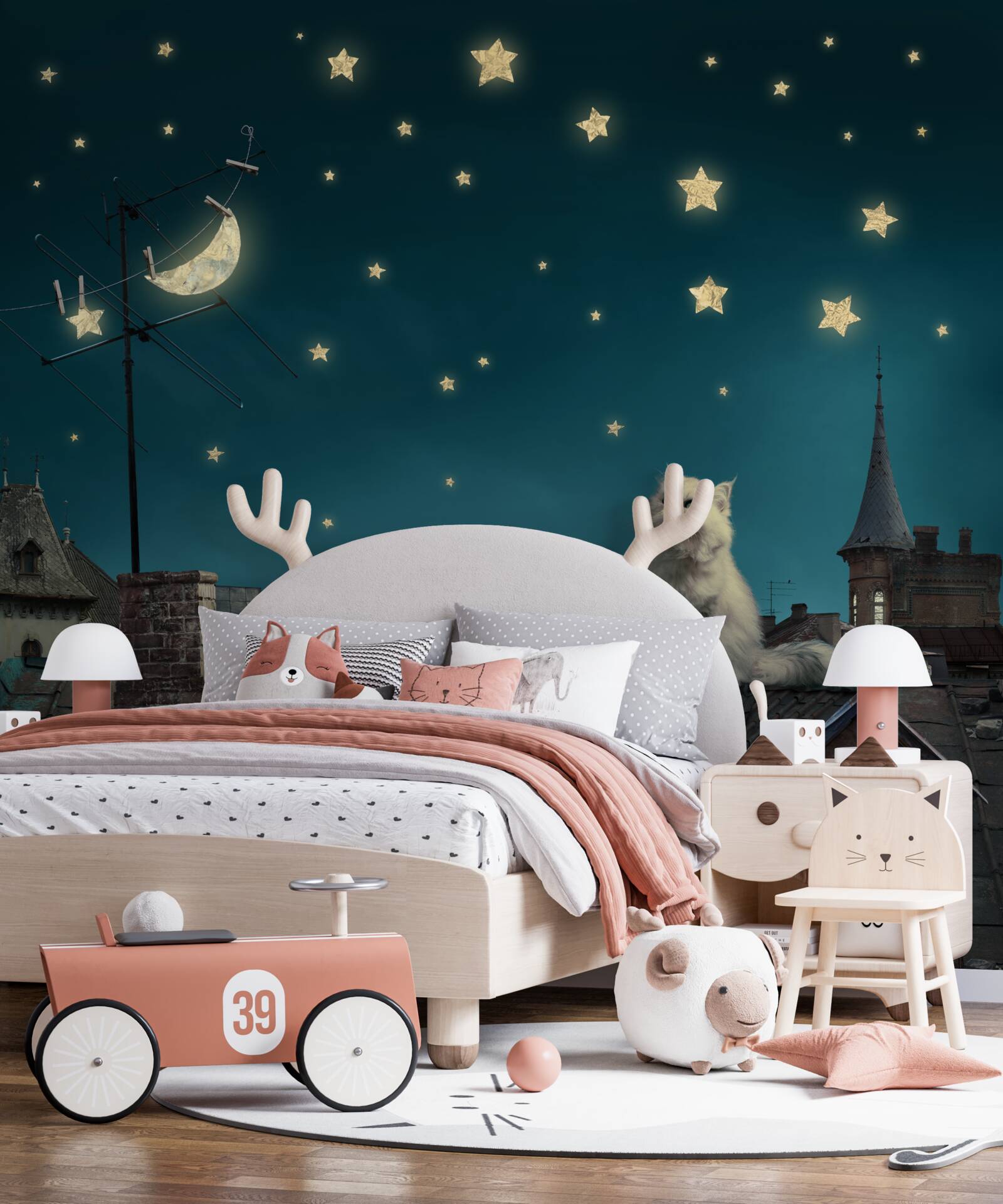 Фотошпалери вночі на даху сидить білий кіт