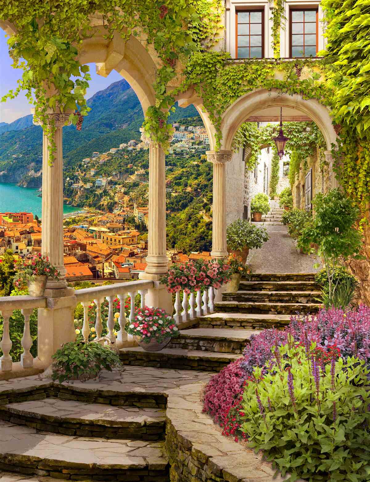 Фотошпалери тераса біля моря, оточена квітами