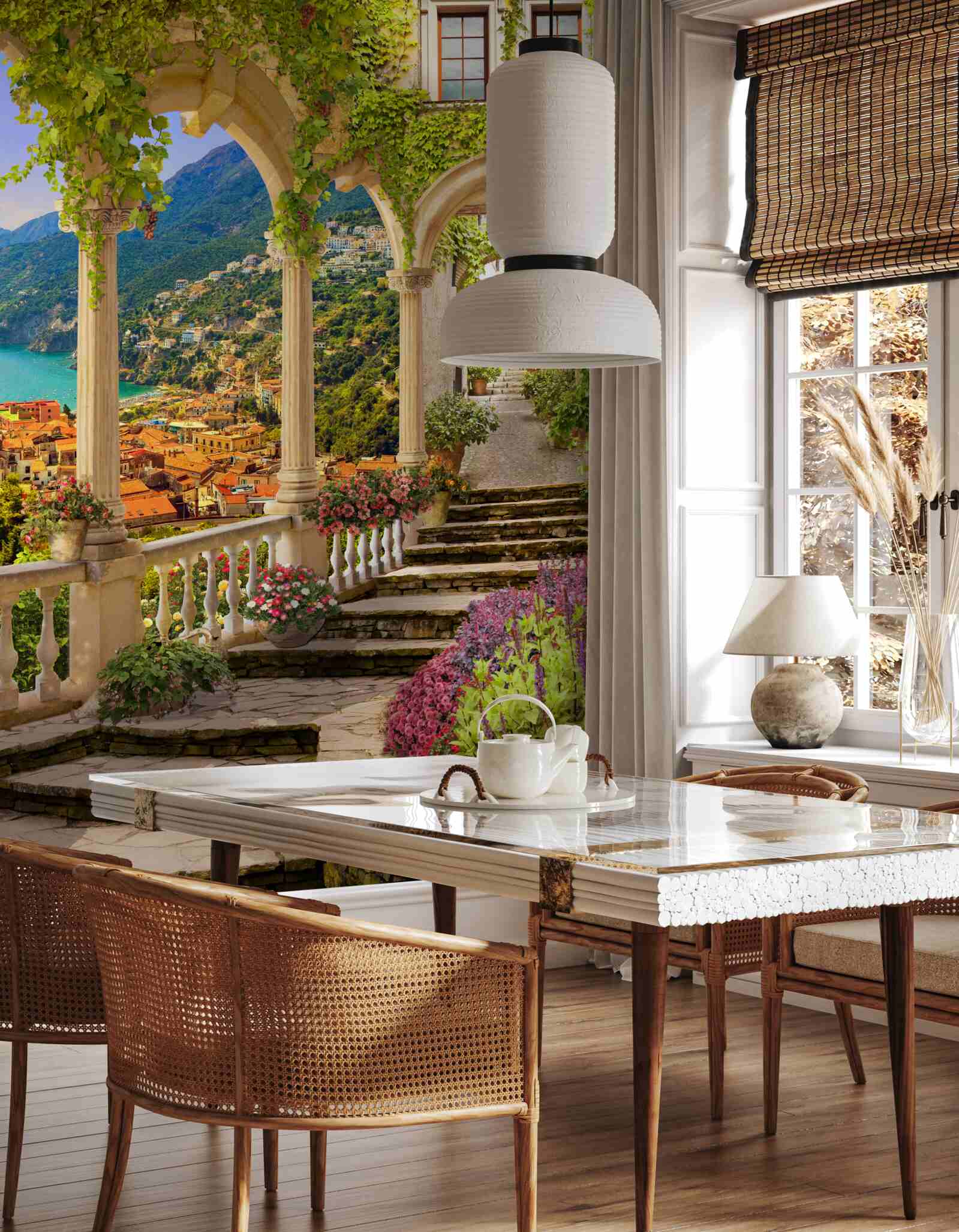 Фотошпалери тераса біля моря, оточена квітами