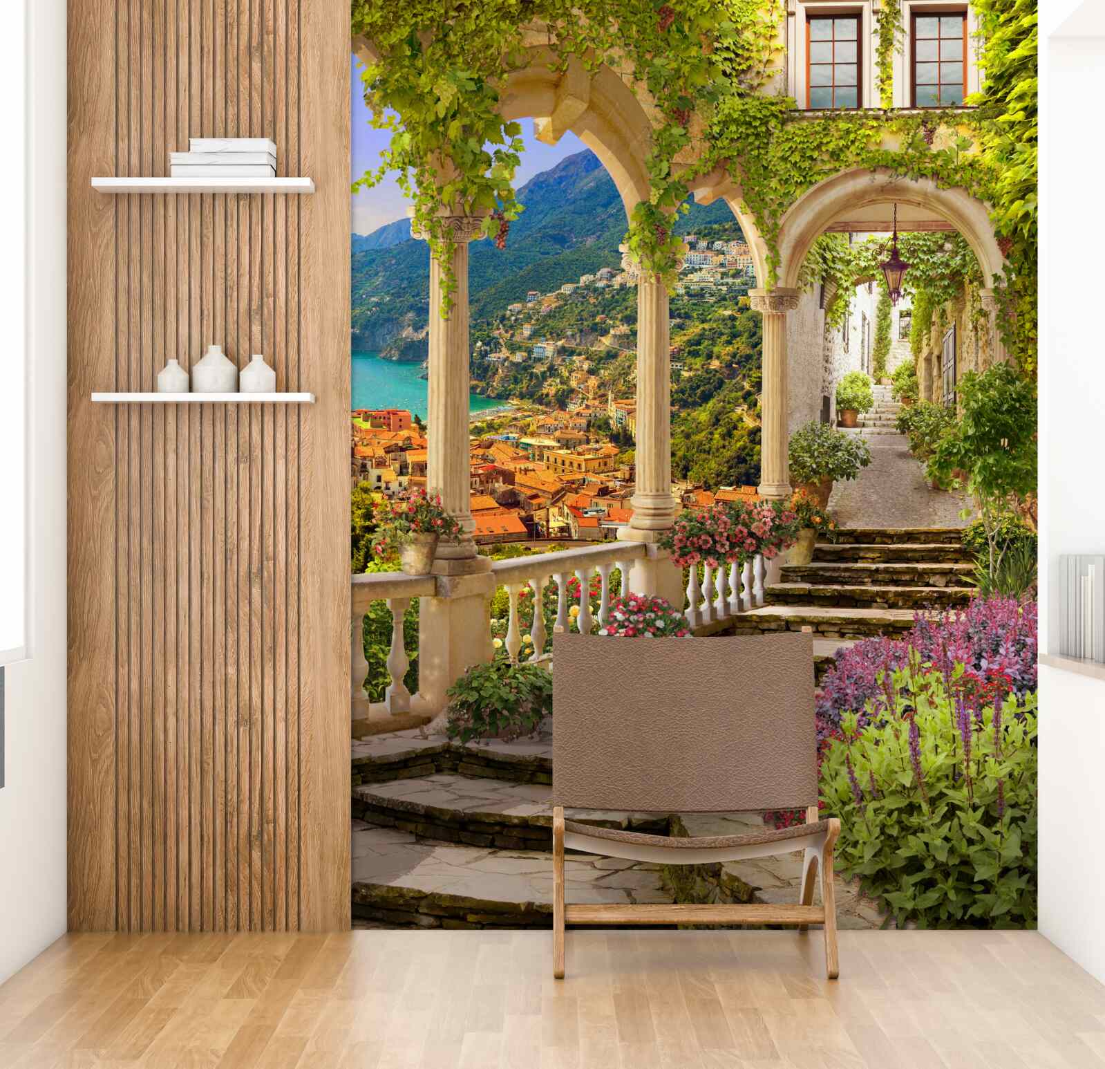 Фотошпалери тераса біля моря, оточена квітами