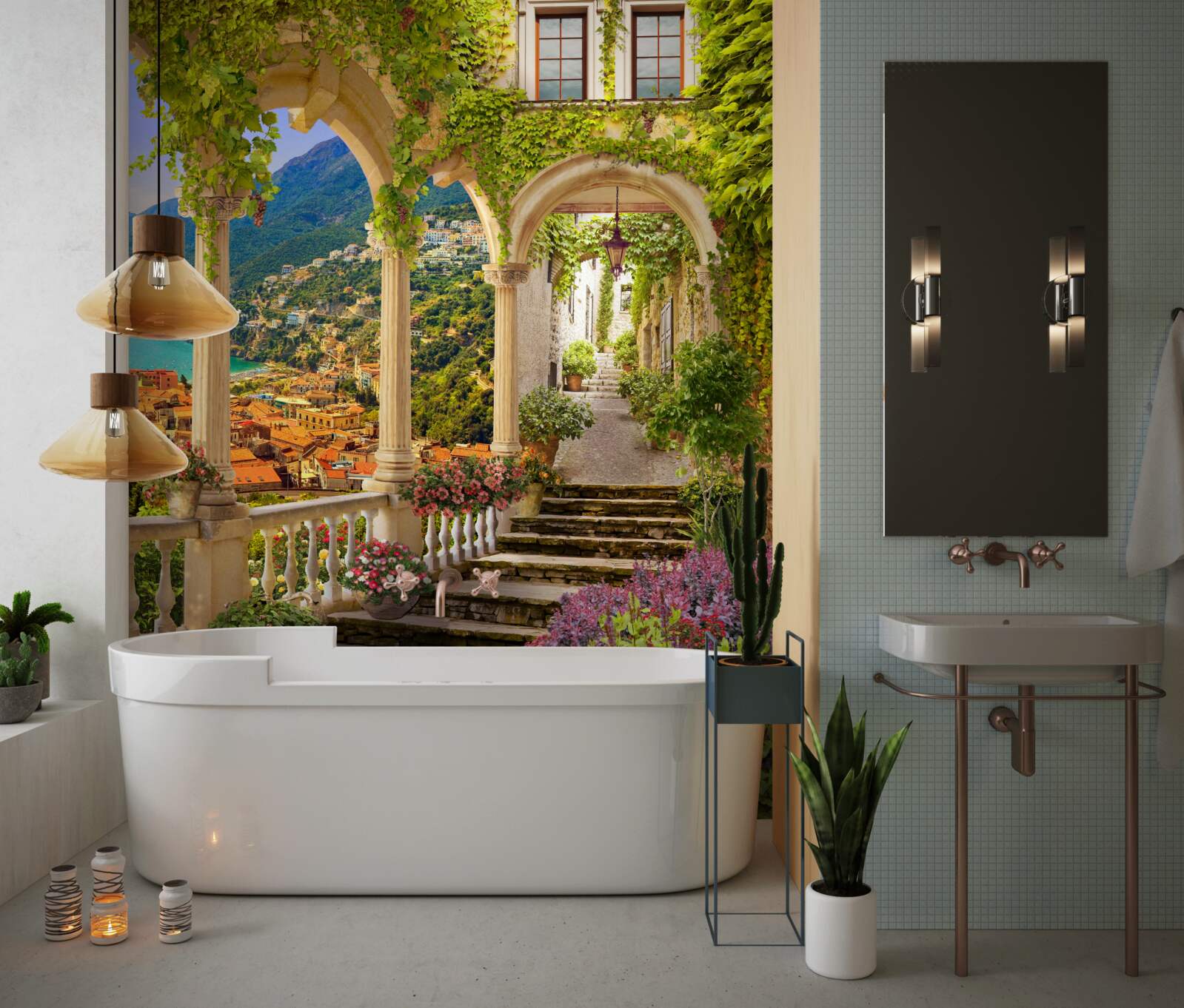 Фотошпалери тераса біля моря, оточена квітами