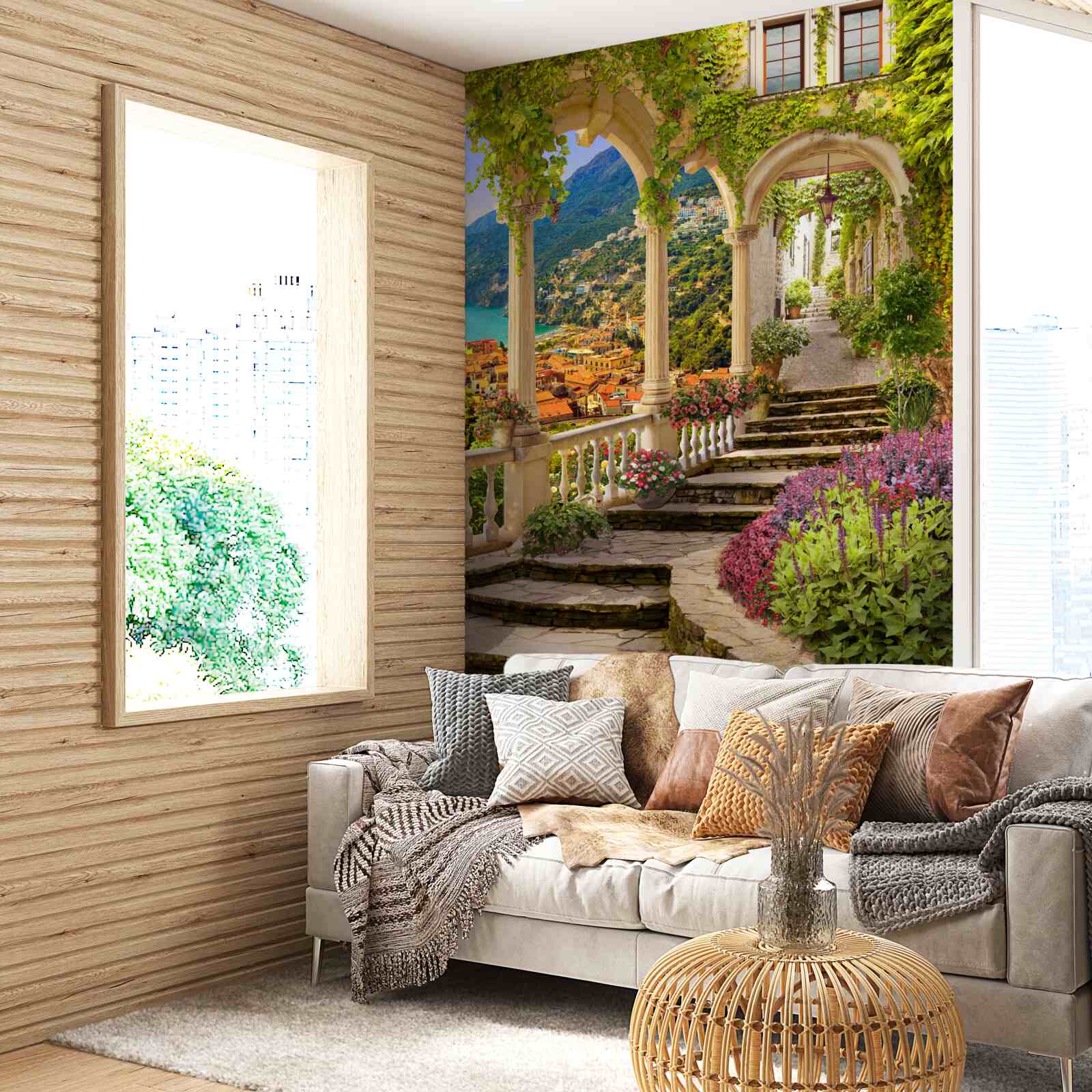 Фотошпалери тераса біля моря, оточена квітами