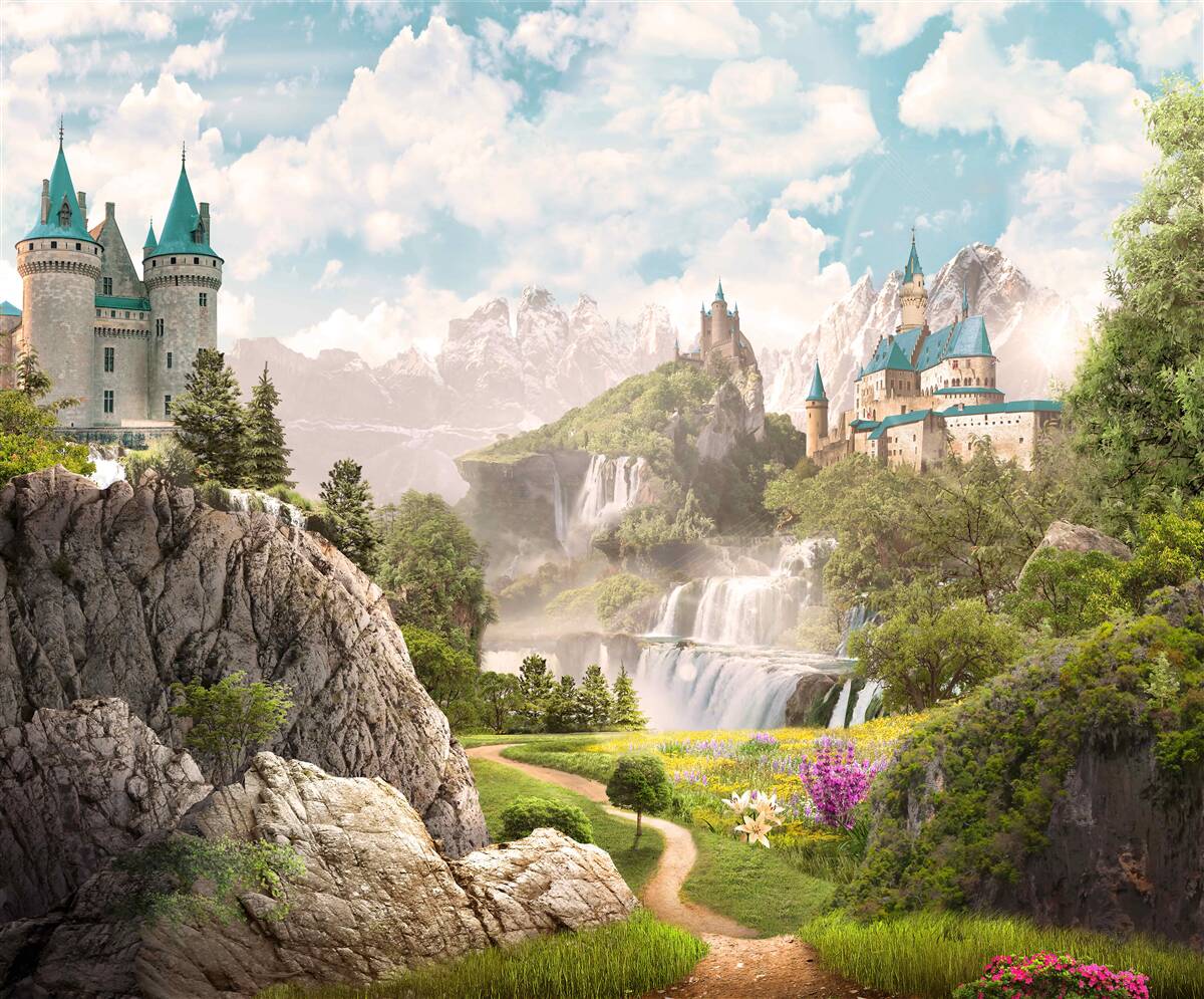 Фотошпалери вид на замки та водоспад