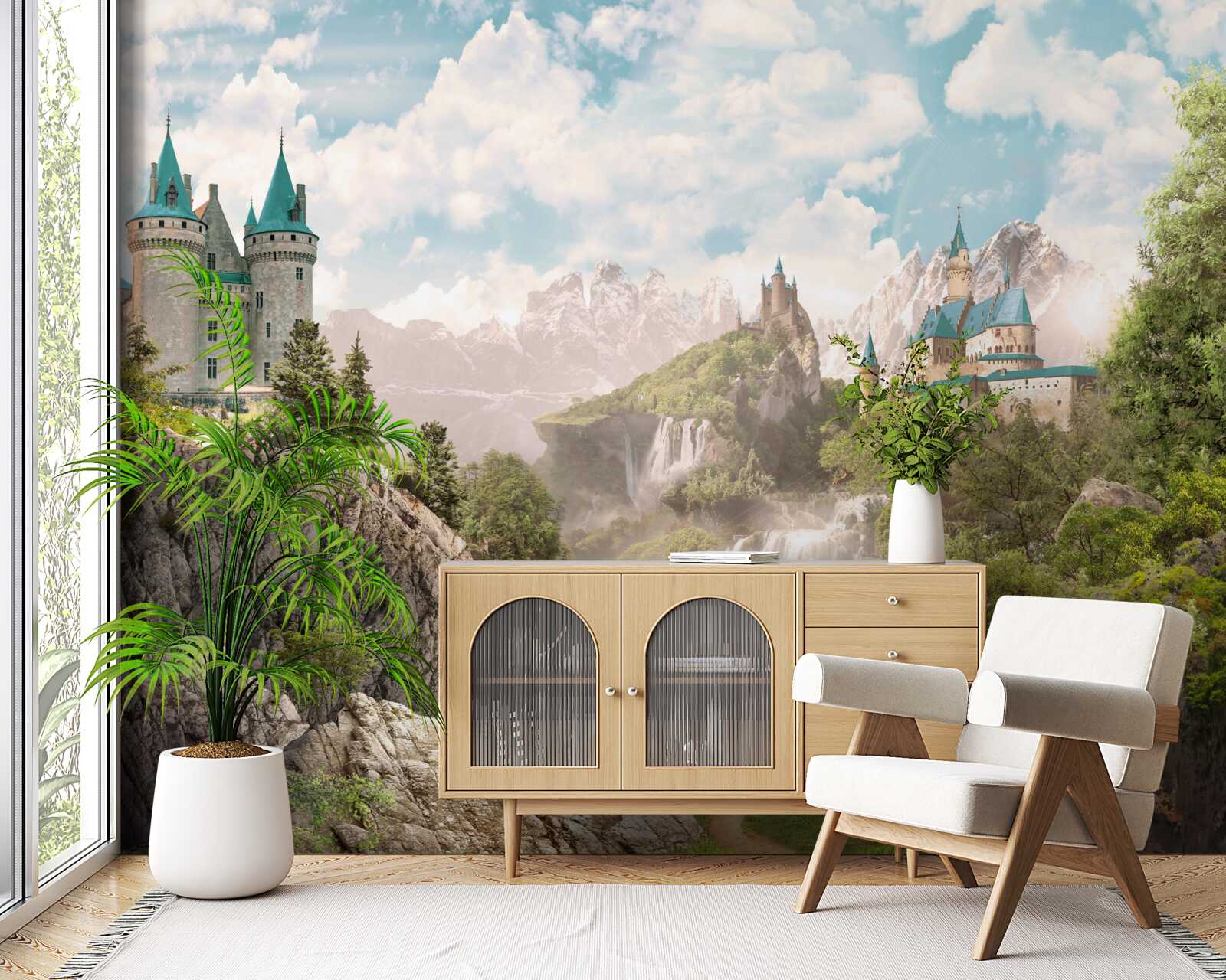 Фотошпалери вид на замки та водоспад