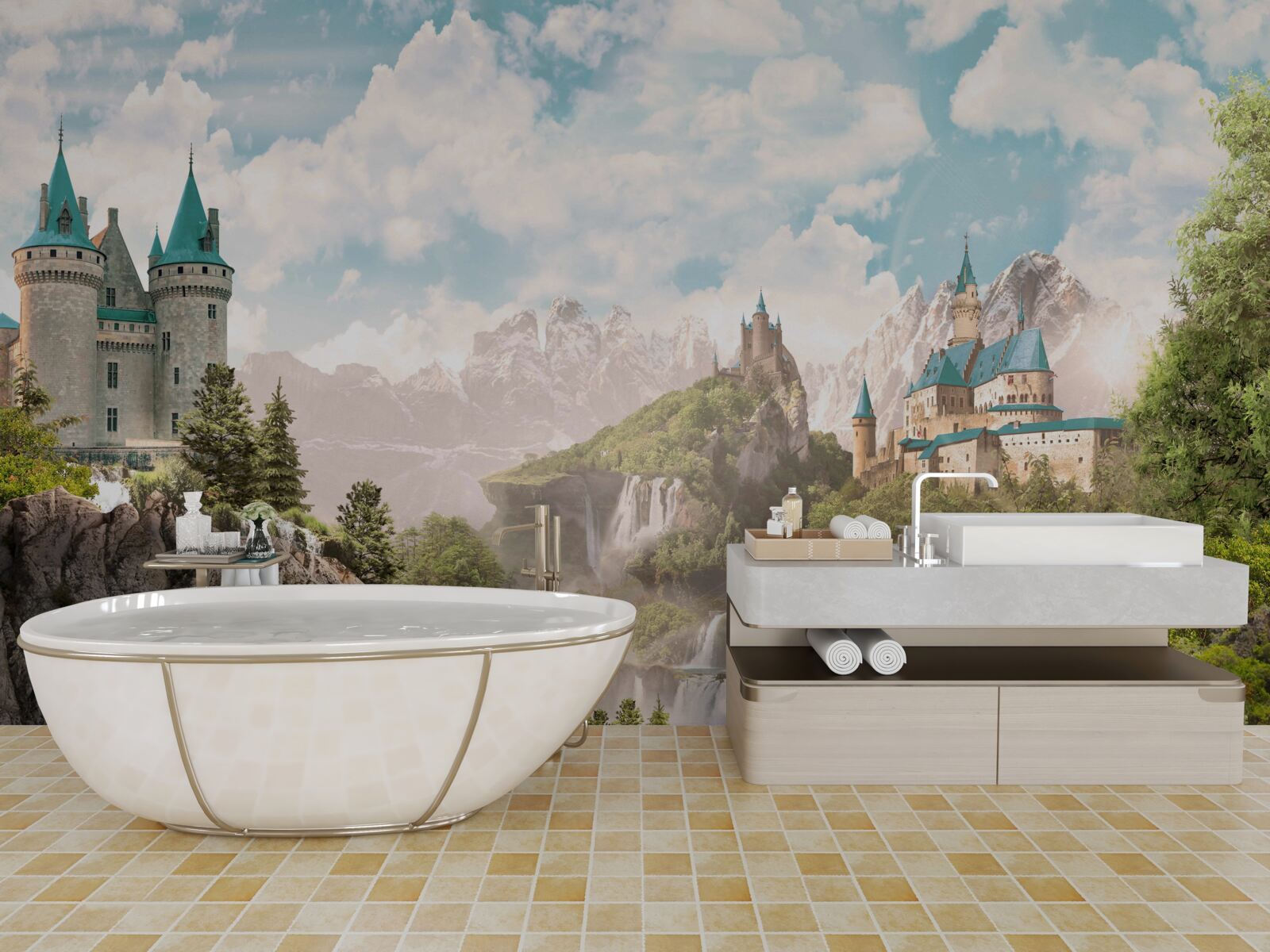 Фотошпалери вид на замки та водоспад