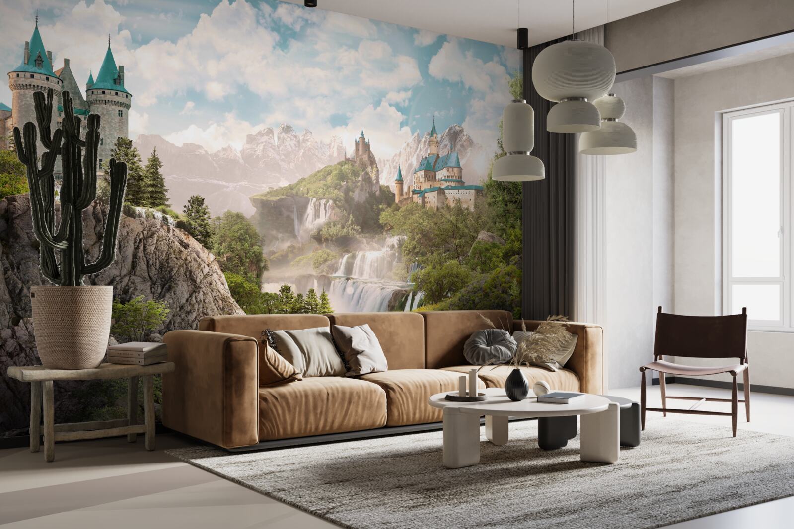 Фотошпалери вид на замки та водоспад