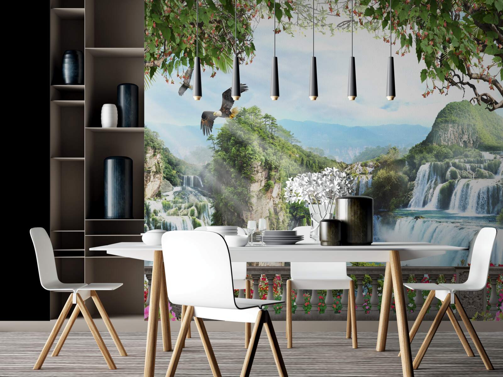 Фотошпалери панорама чудових високих водоспадів