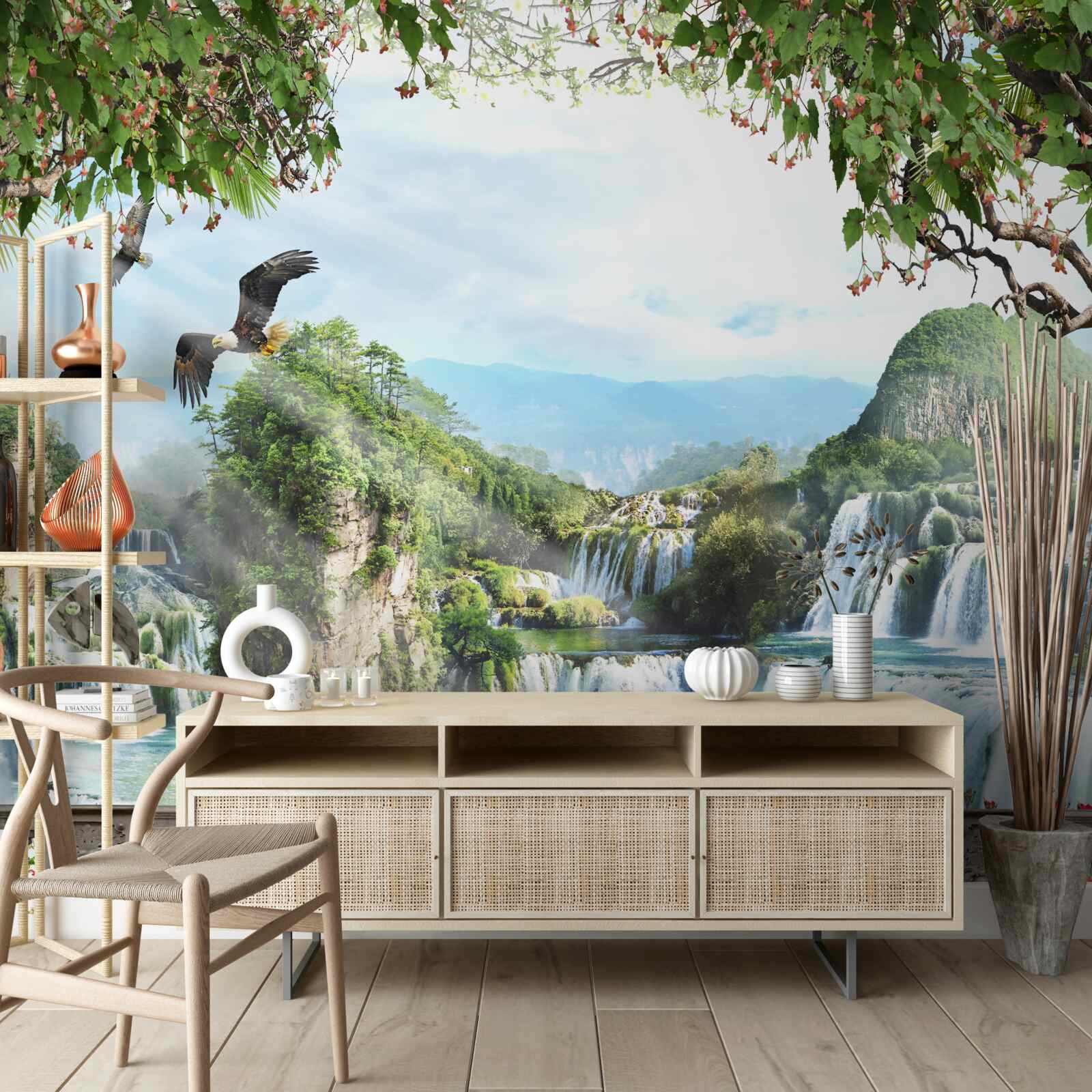 Фотошпалери панорама чудових високих водоспадів