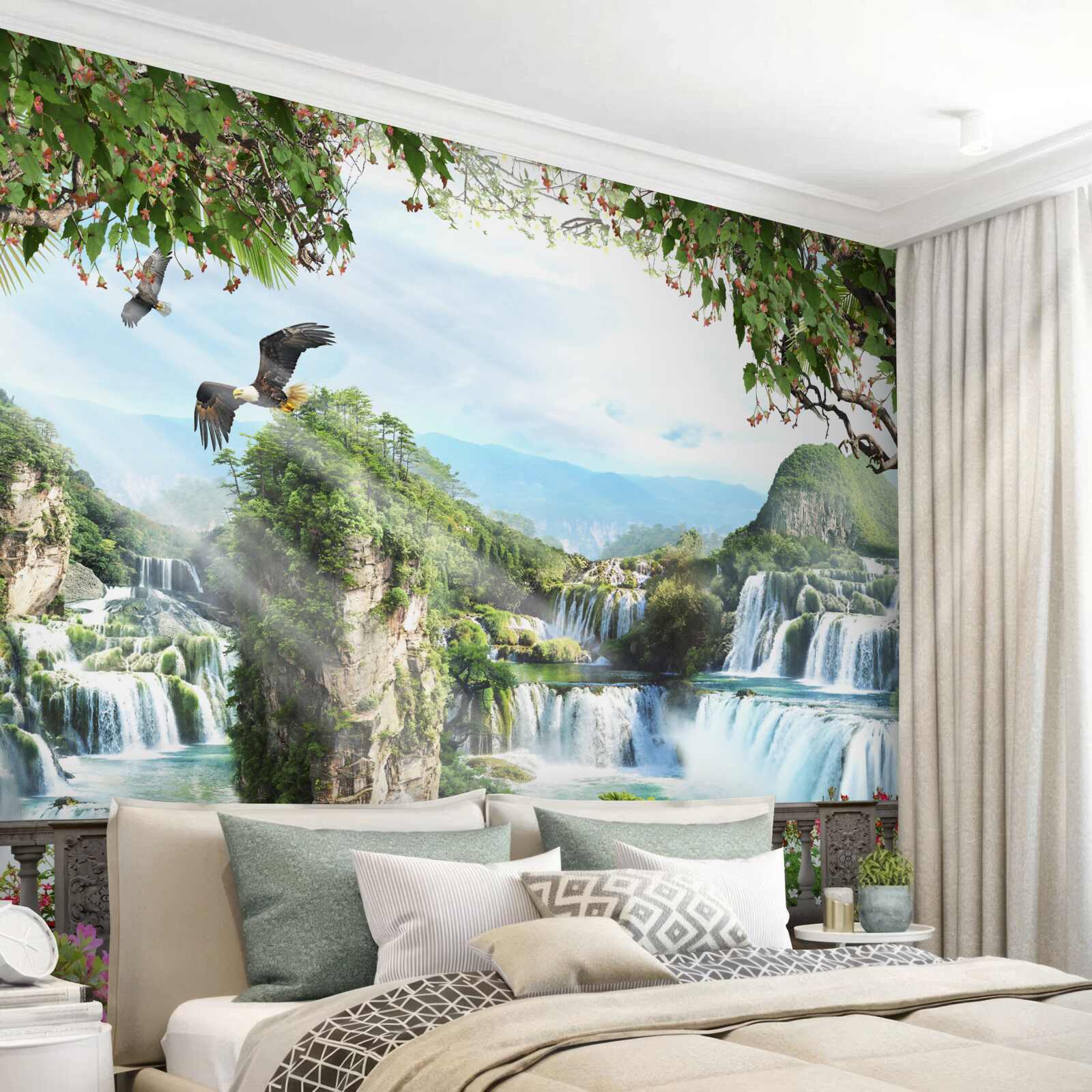 Фотошпалери панорама чудових високих водоспадів