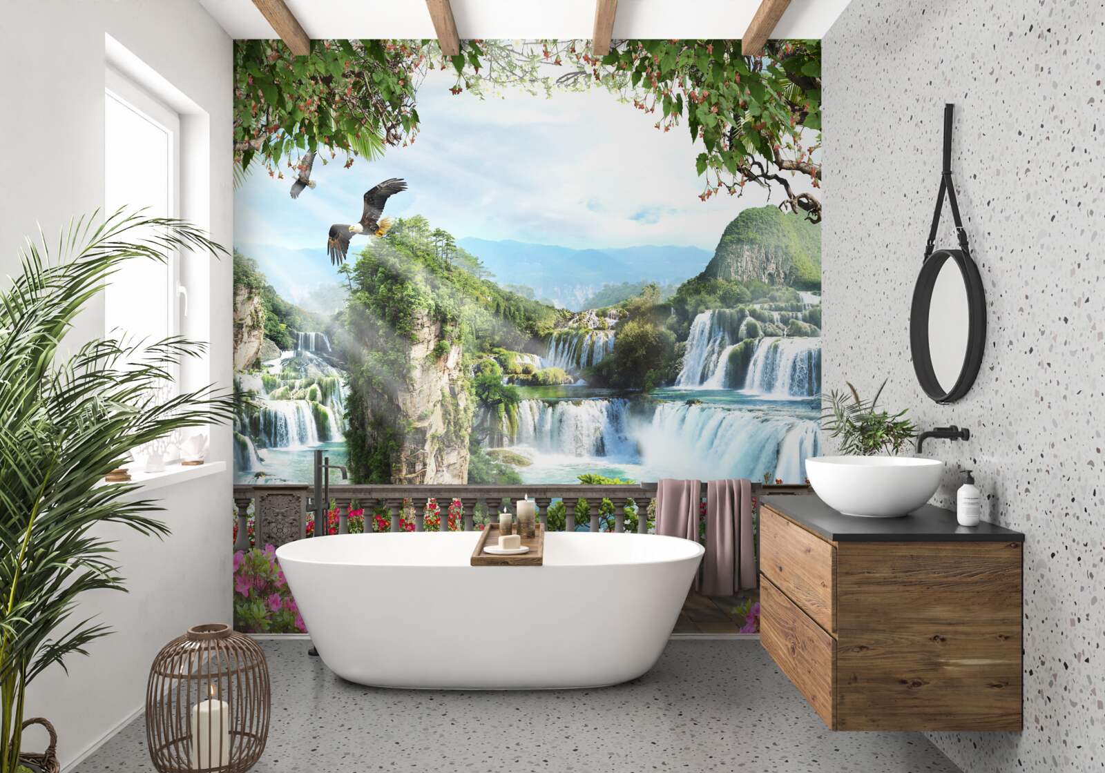 Фотошпалери панорама чудових високих водоспадів