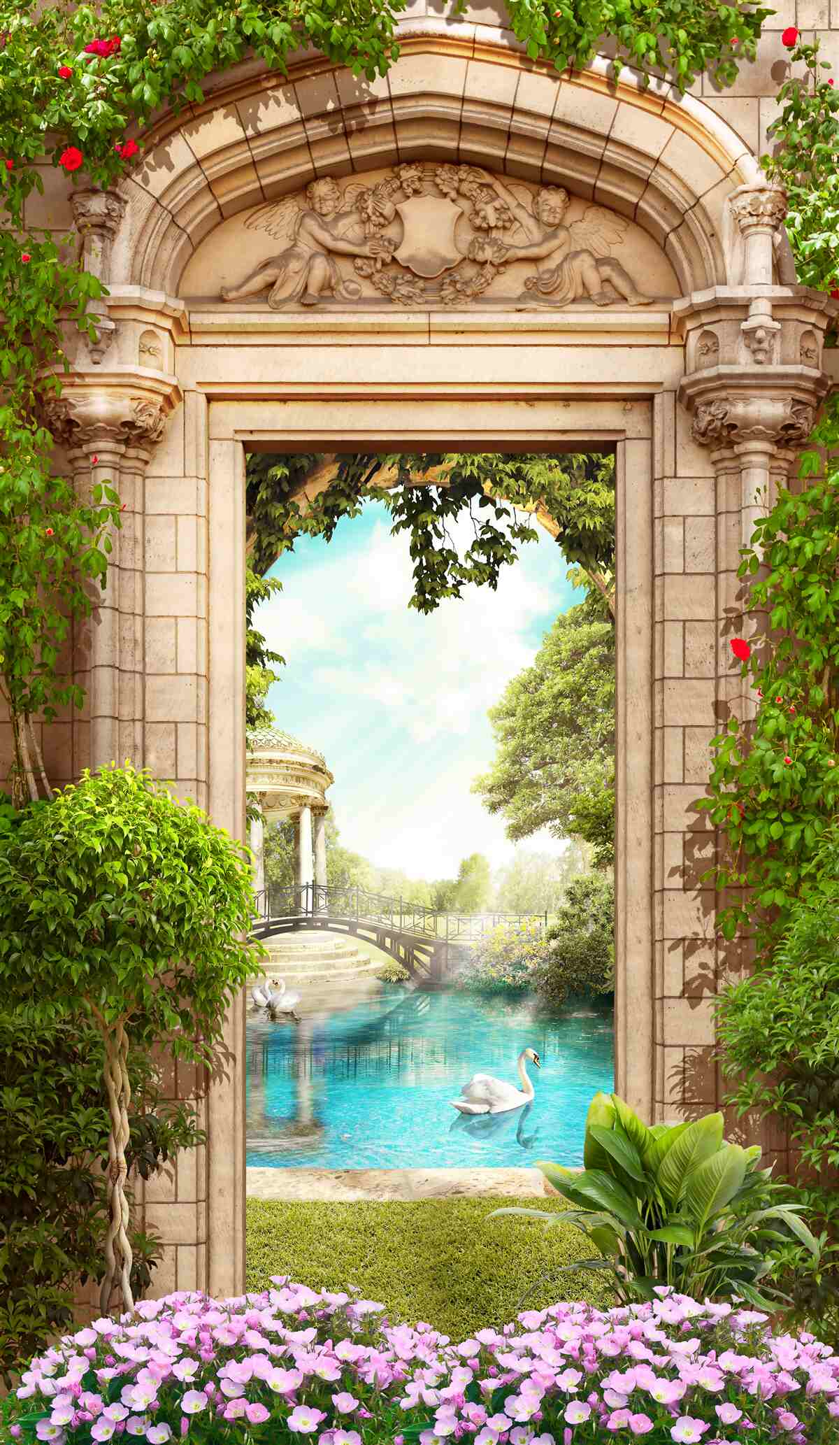 Фотошпалери панорама альтанки та озера з лебедями, що відкривається з арки