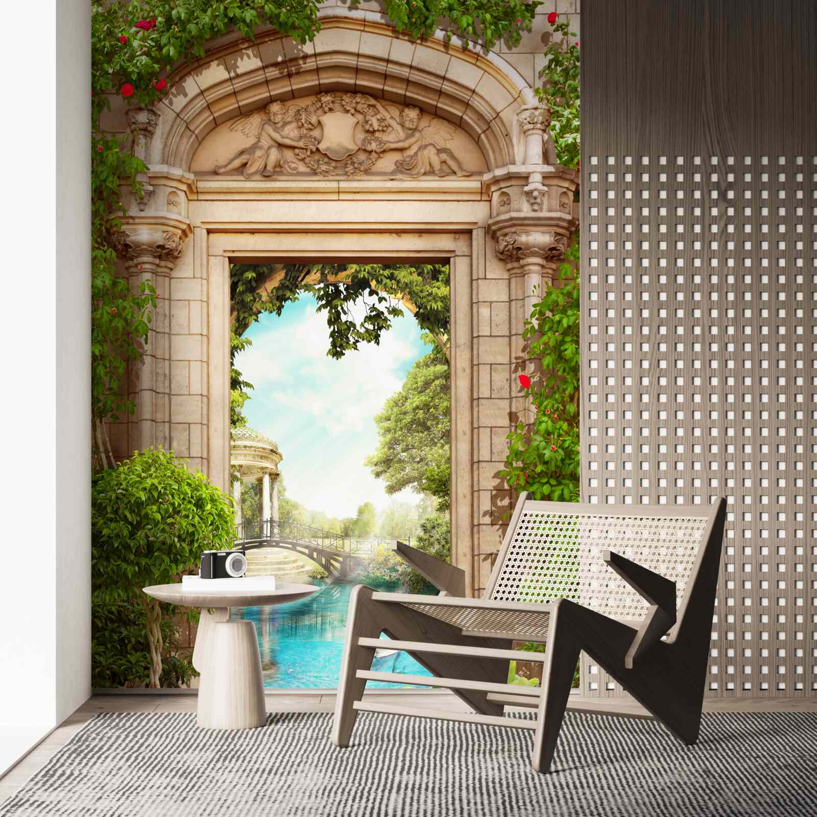 Фотошпалери панорама альтанки та озера з лебедями, що відкривається з арки