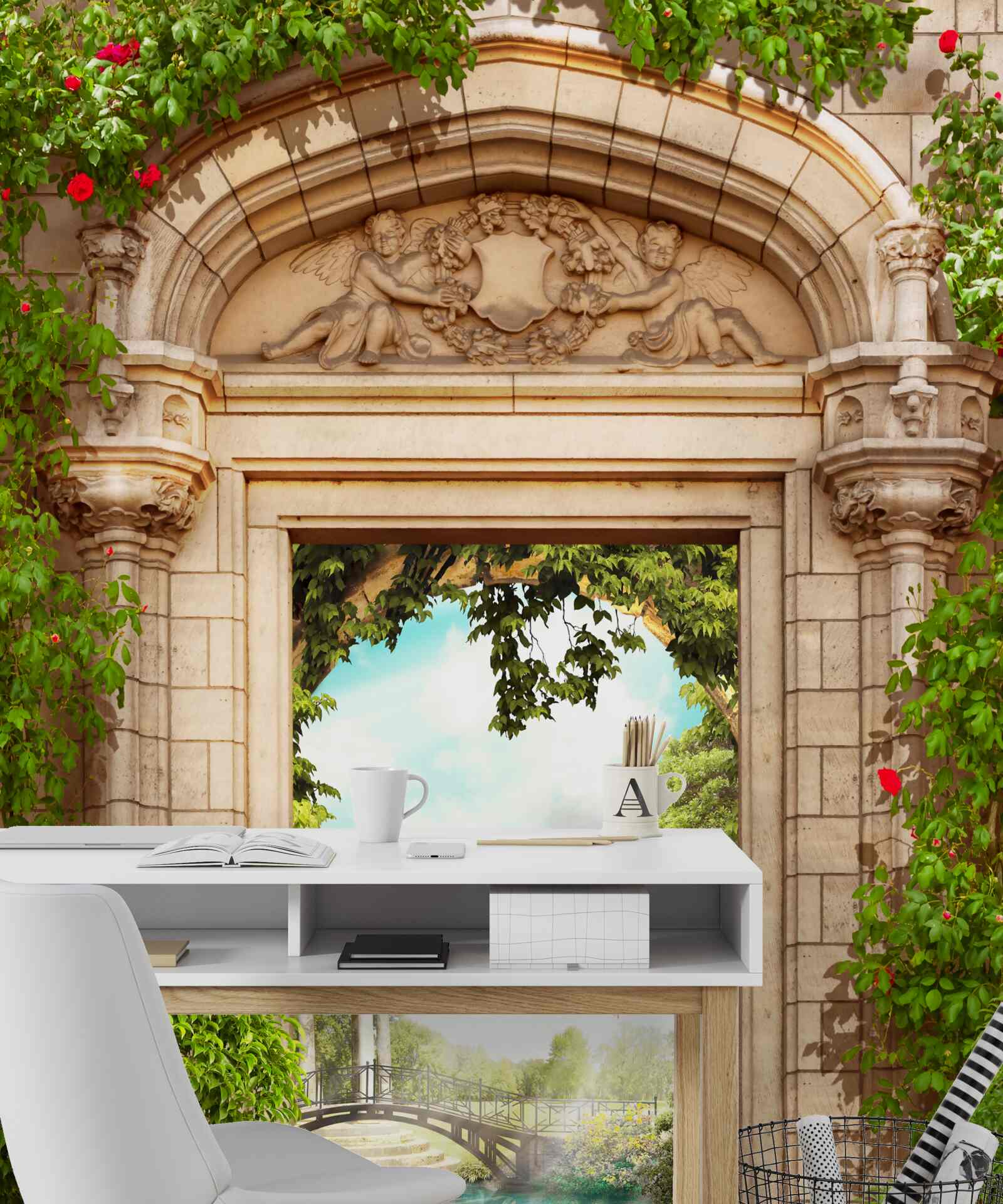 Фотошпалери панорама альтанки та озера з лебедями, що відкривається з арки