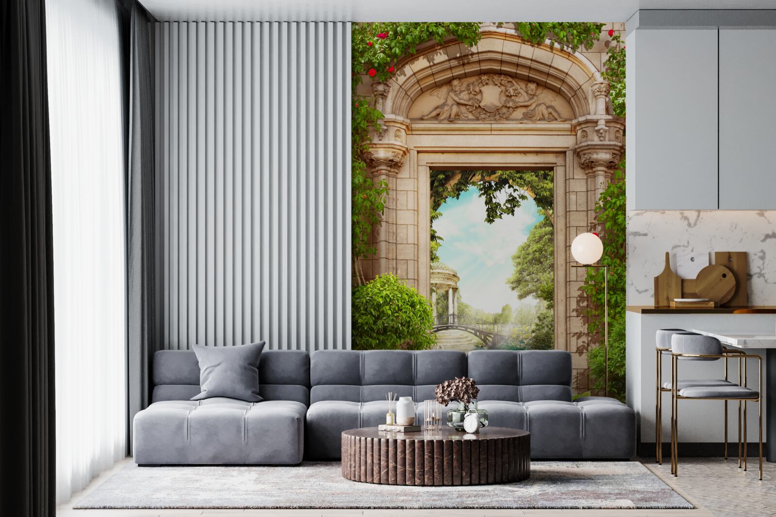 Фотошпалери панорама альтанки та озера з лебедями, що відкривається з арки