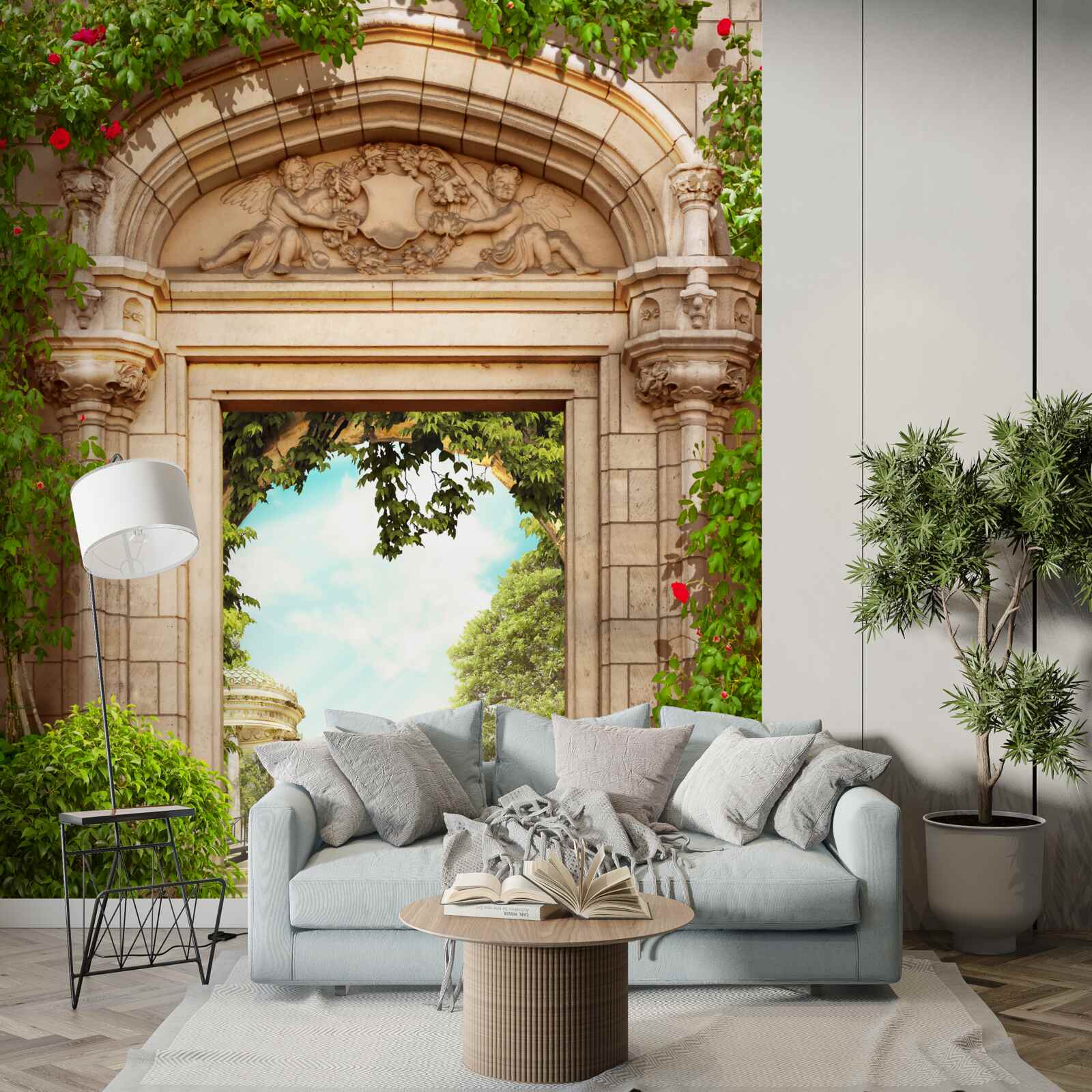 Фотошпалери панорама альтанки та озера з лебедями, що відкривається з арки