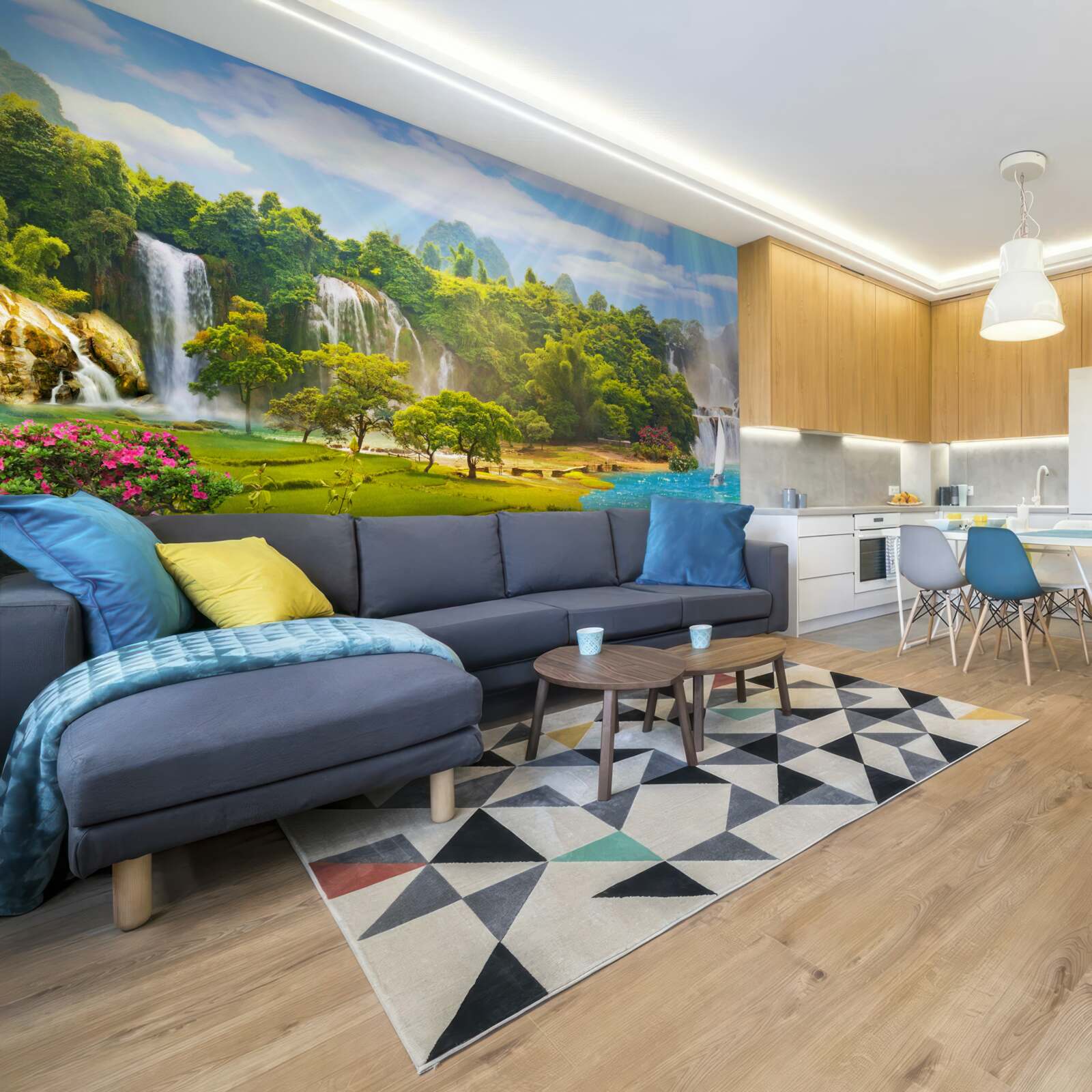 Фотошпалери човни біля водних каскадів