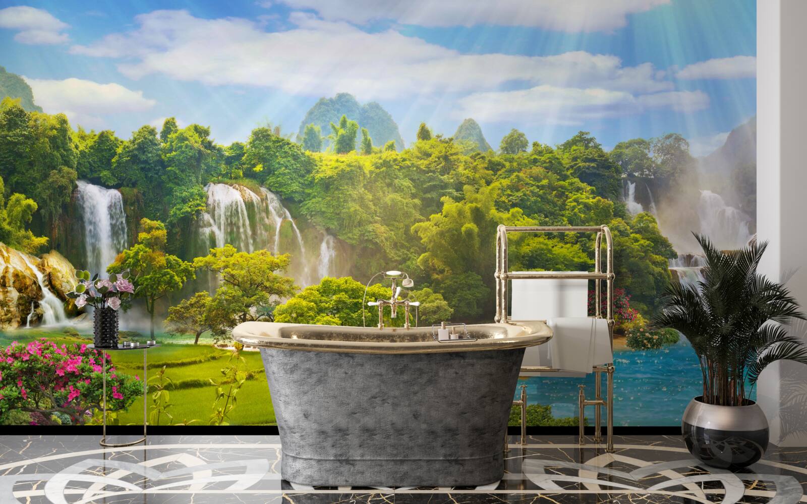 Фотошпалери човни біля водних каскадів