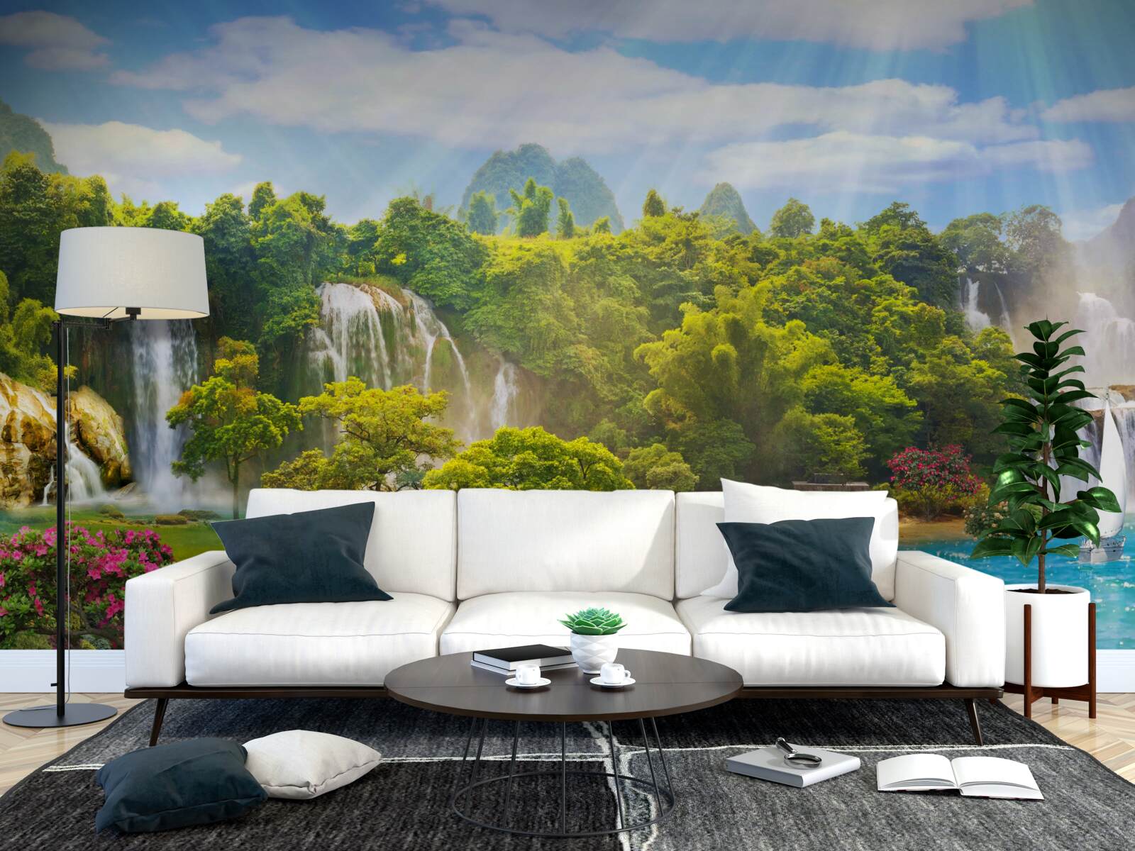 Фотошпалери човни біля водних каскадів