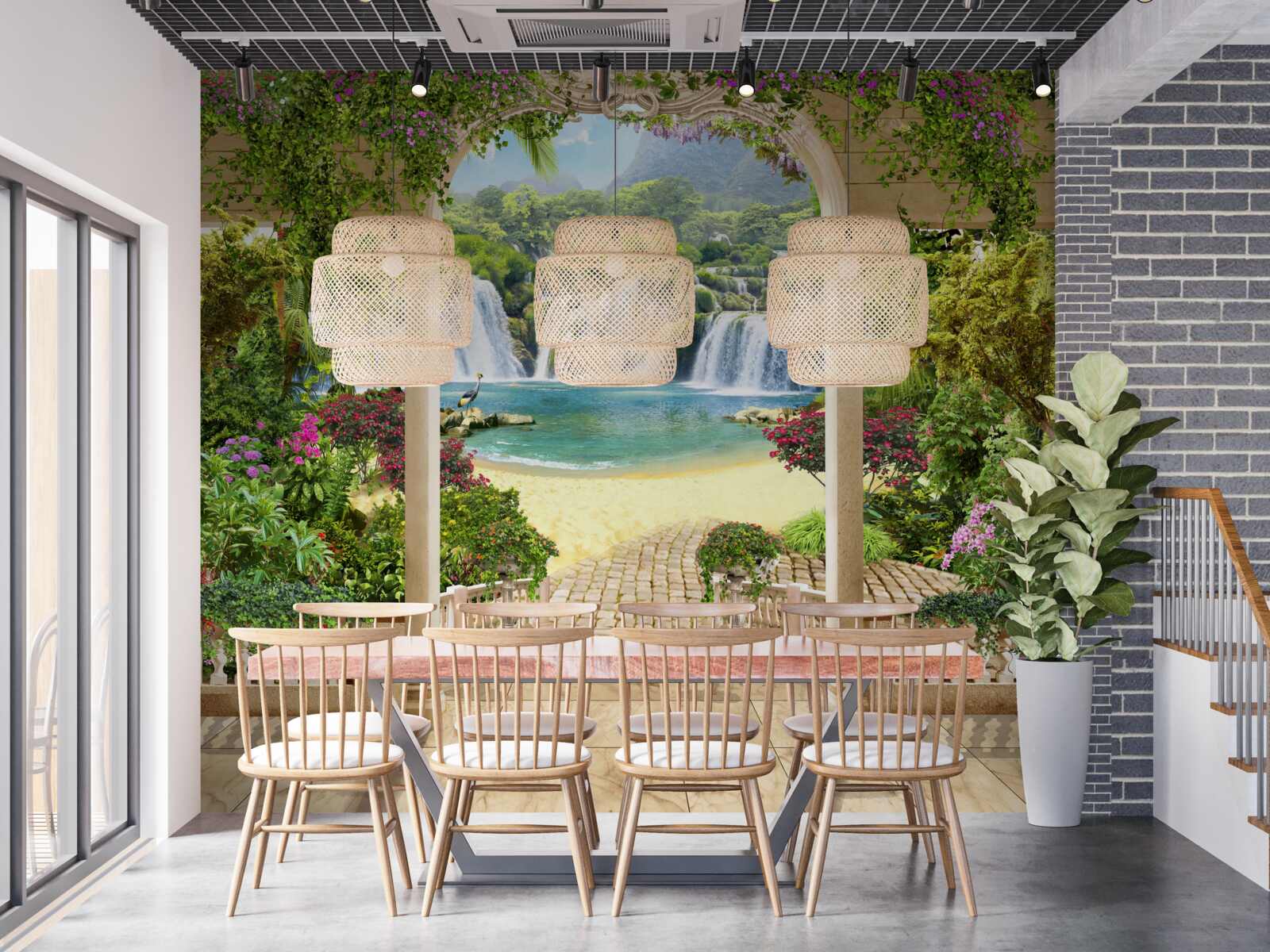 Фотошпалери вид на водоспад через арку