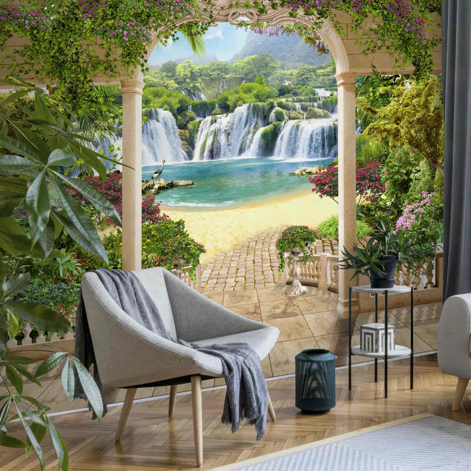 Фотошпалери вид на водоспад через арку