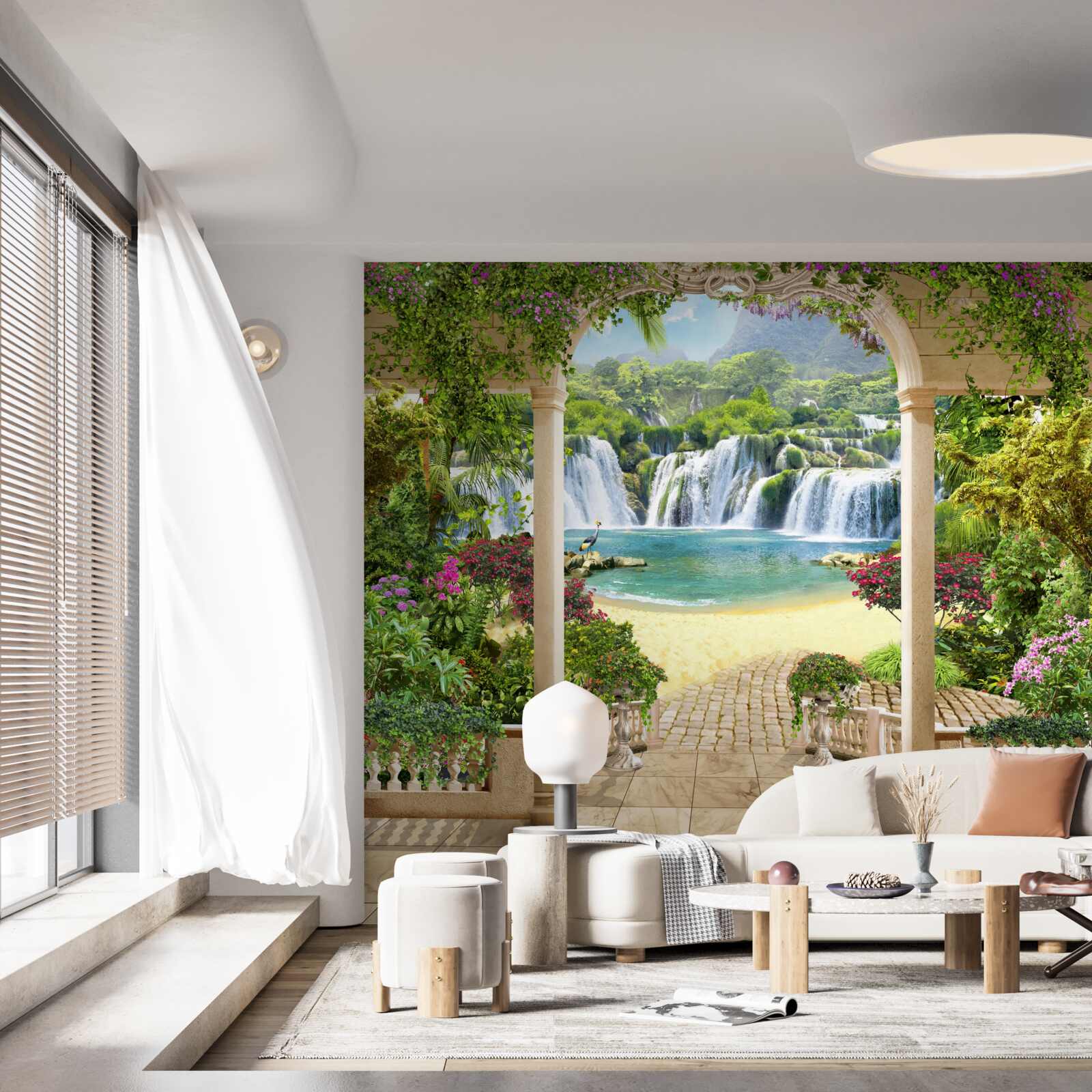 Фотошпалери вид на водоспад через арку