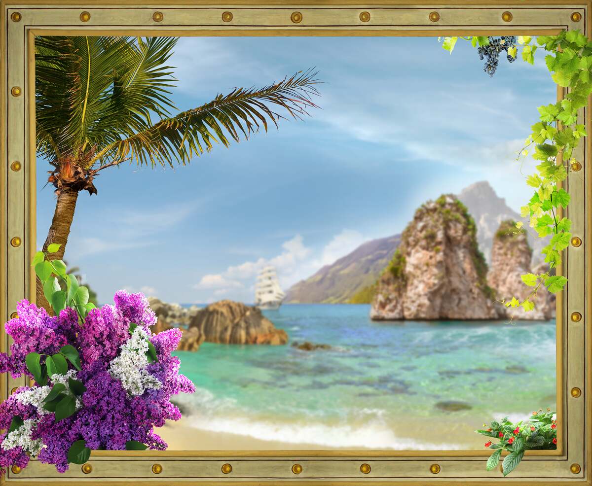 Фотошпалери корабель оточений скелями