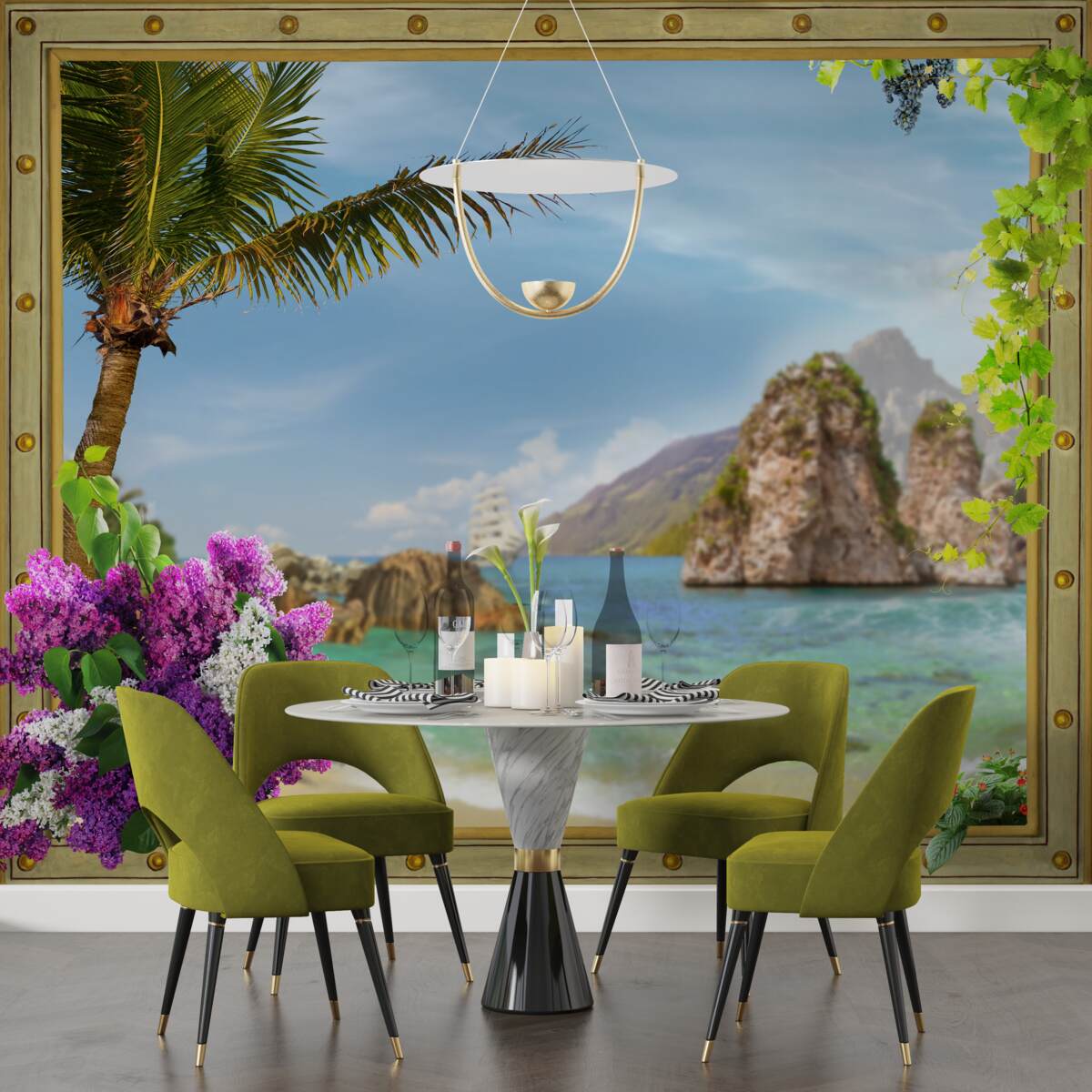 Фотошпалери корабель оточений скелями