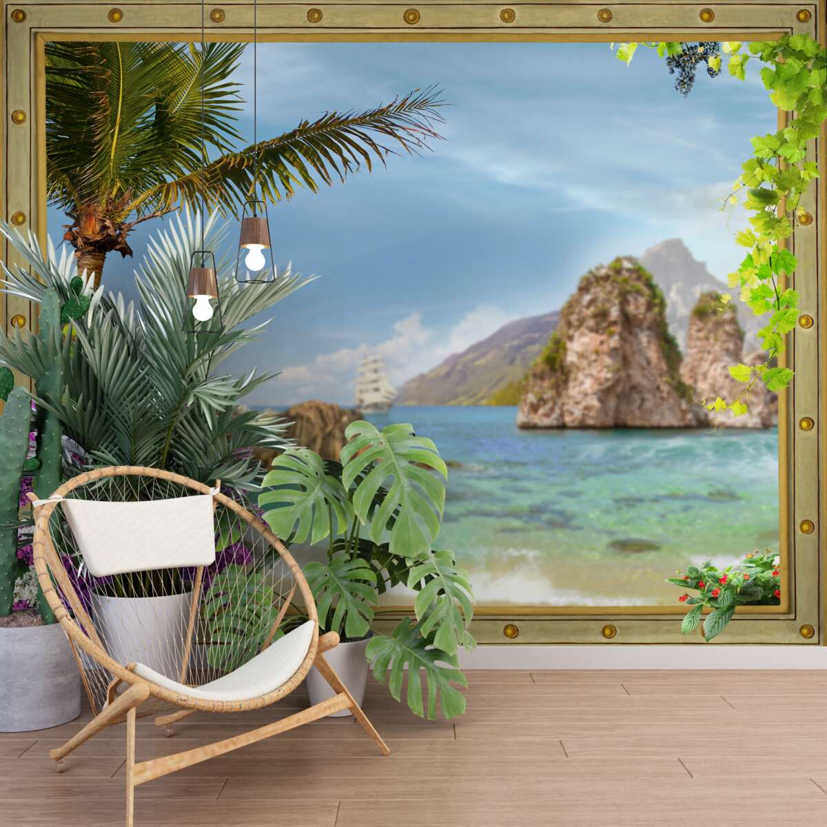 Фотошпалери корабель оточений скелями