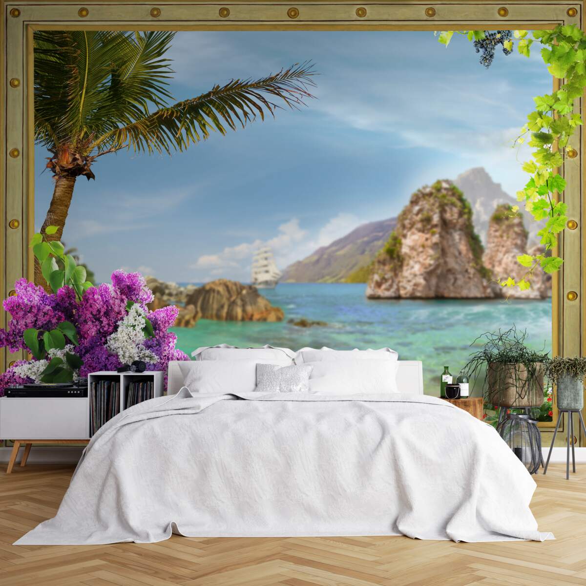 Фотошпалери корабель оточений скелями