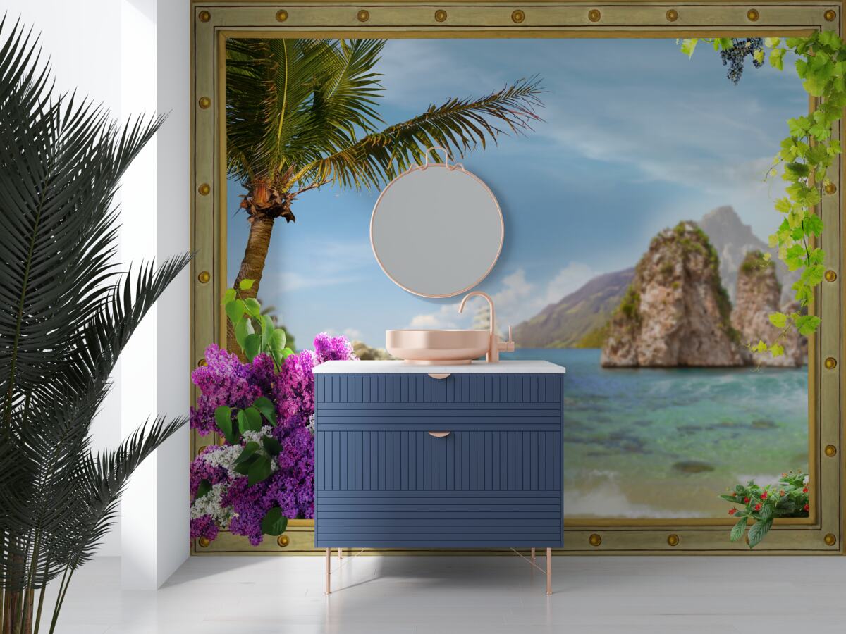 Фотошпалери корабель оточений скелями