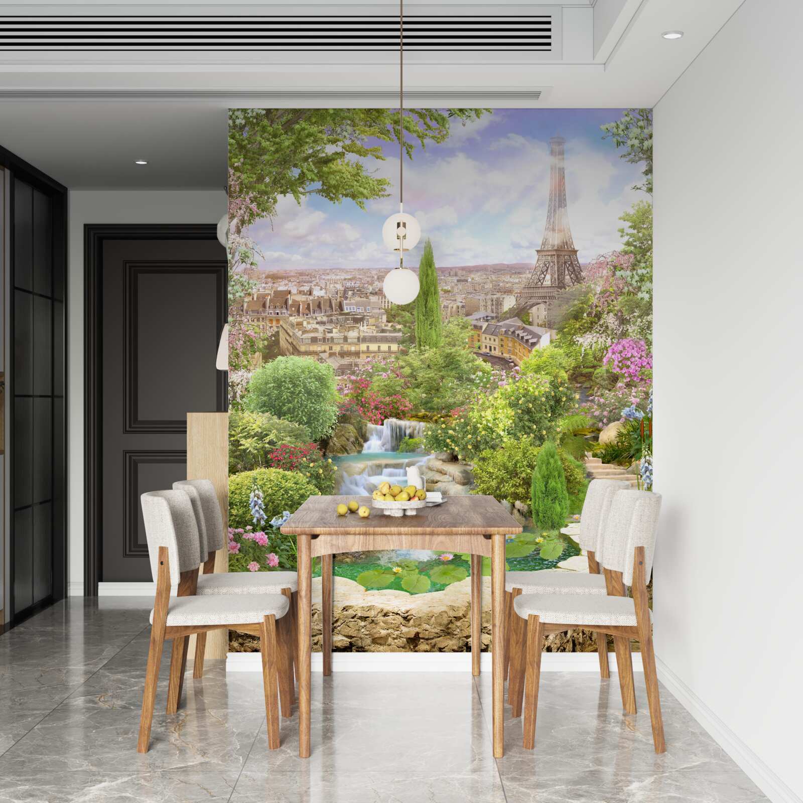 Фотошпалери квітучий сад з видом на Ейфелеву вежу