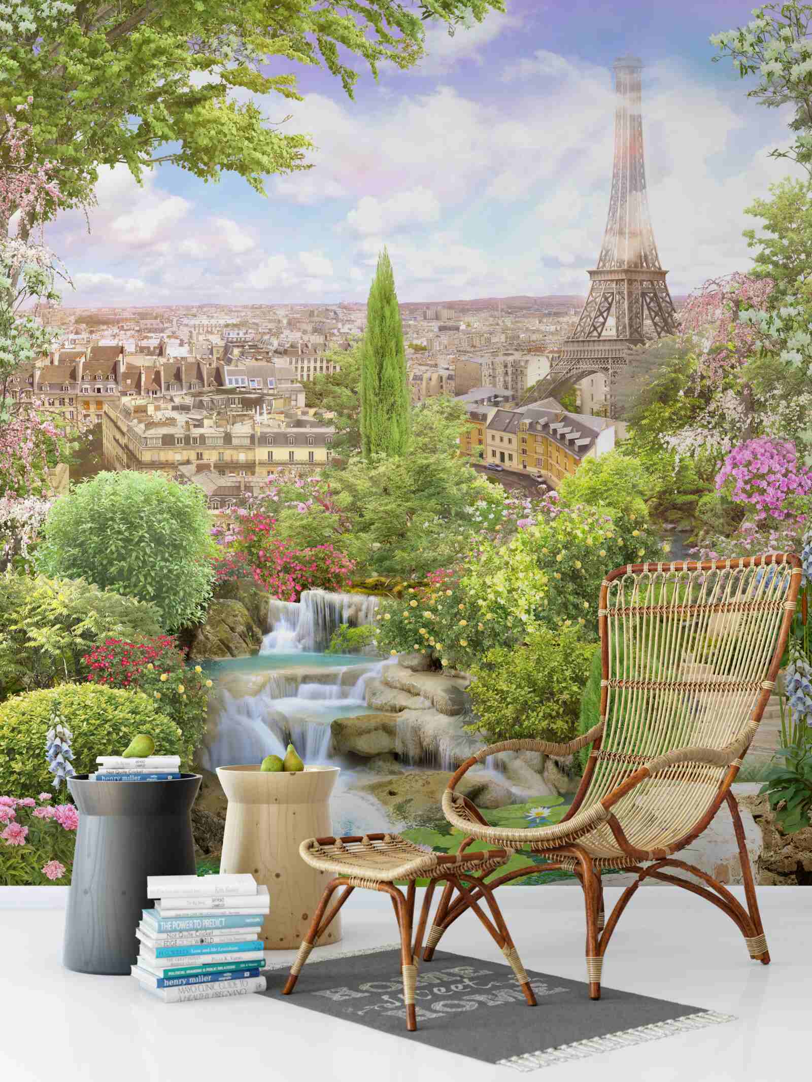 Фотошпалери квітучий сад з видом на Ейфелеву вежу