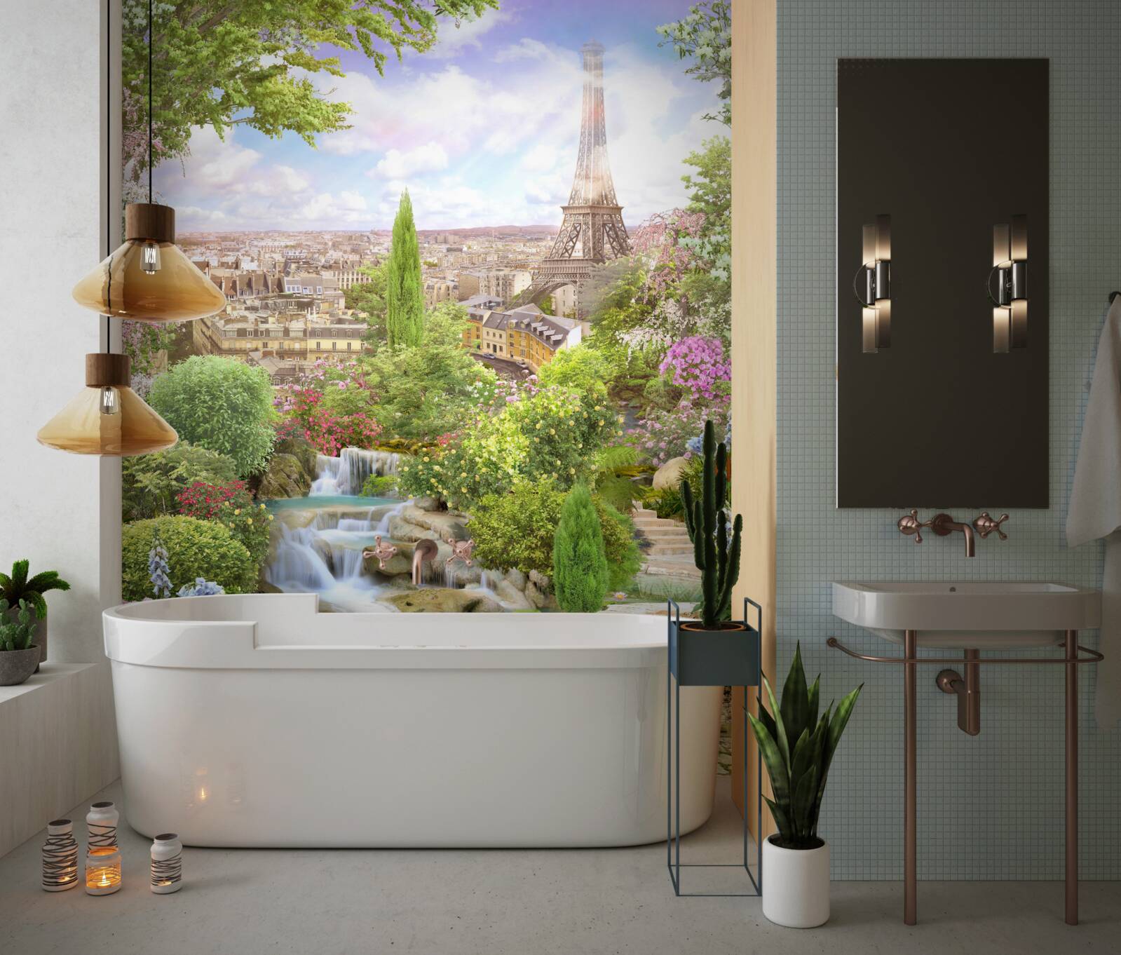 Фотошпалери квітучий сад з видом на Ейфелеву вежу
