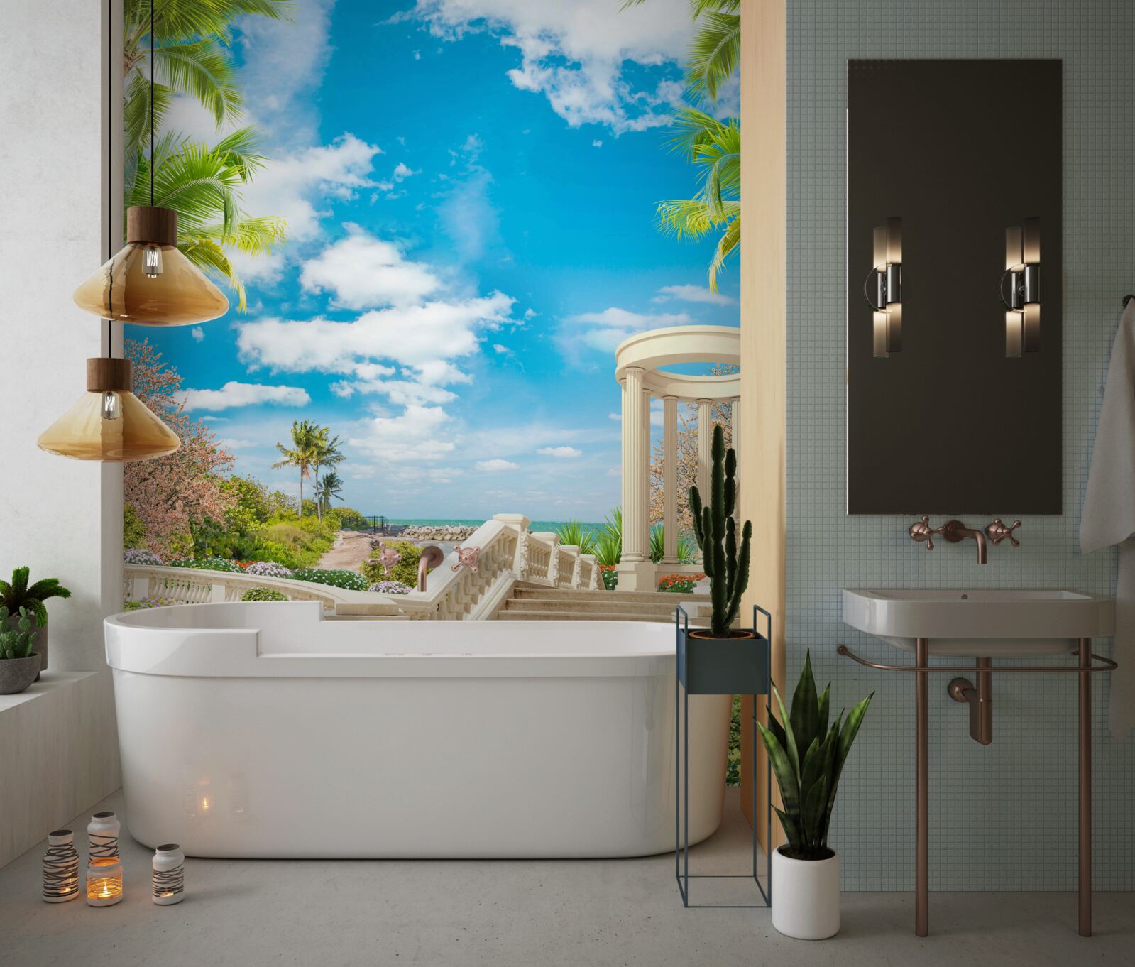 Фотошпалери є альтанка біля моря