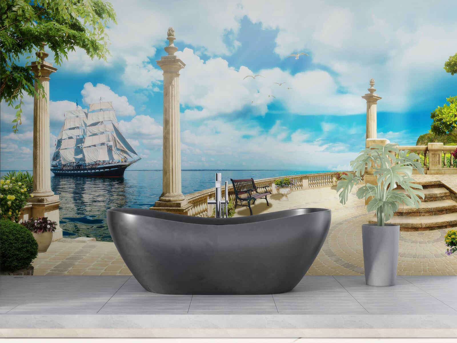 Фотошпалери до берега підходить вітрильник