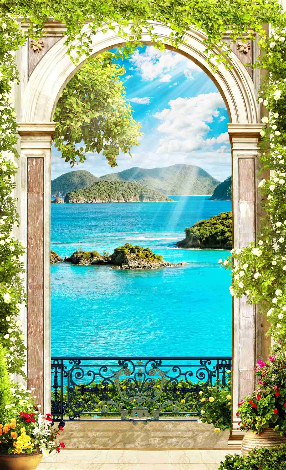 Фотошпалери зелена арка з дивовижним видом на море