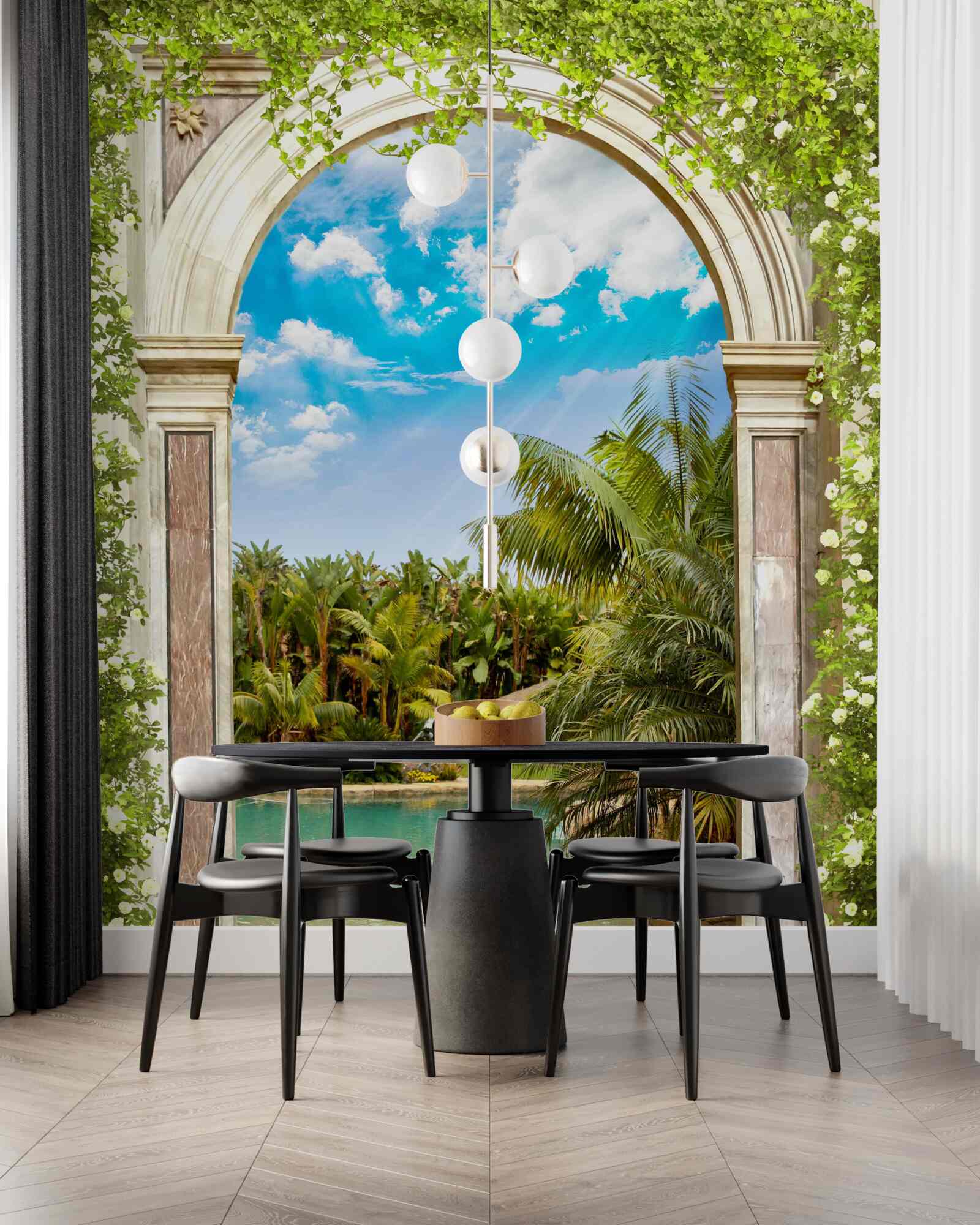 Фотошпалери вид на воду і пальми через арку