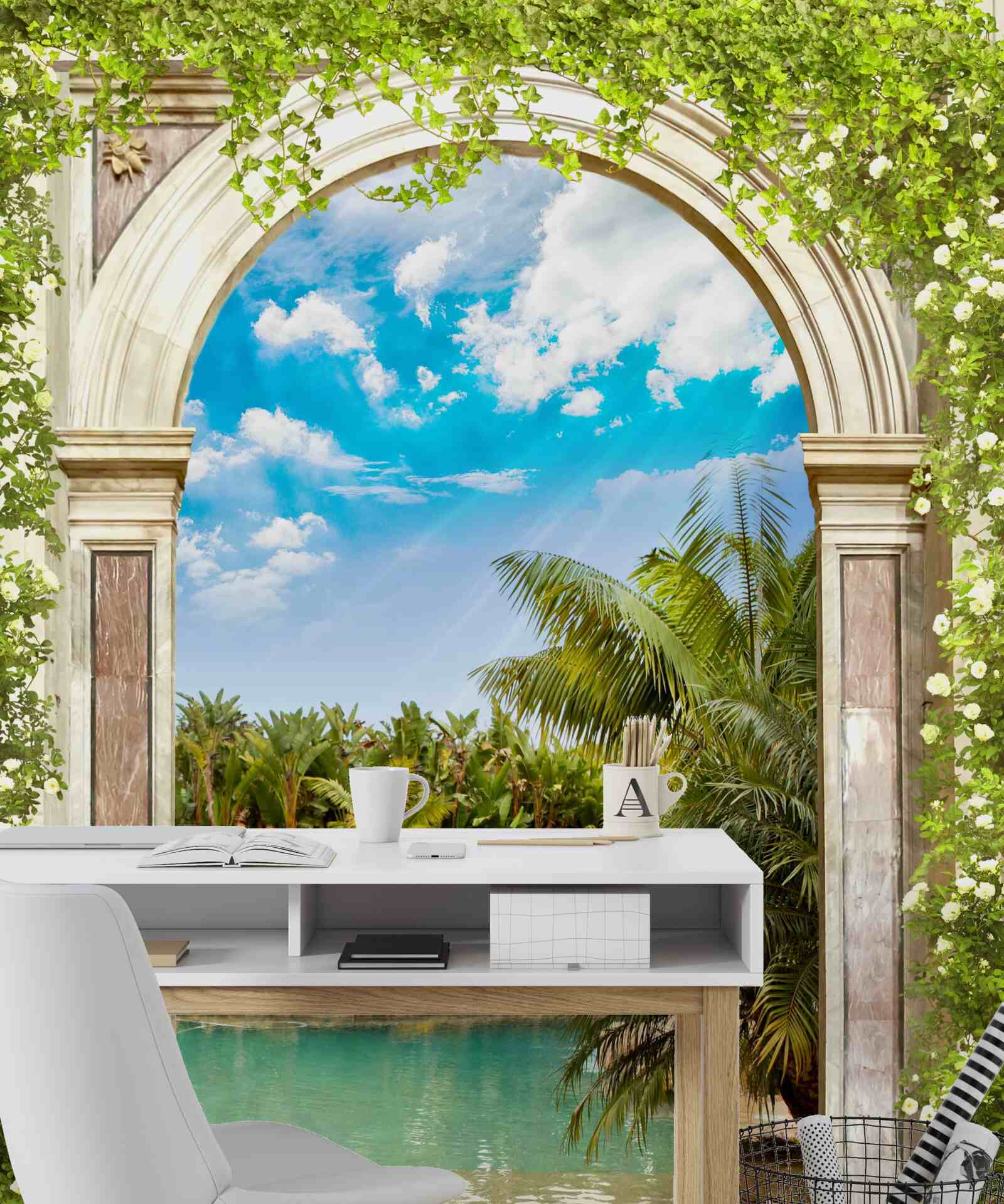 Фотошпалери вид на воду і пальми через арку